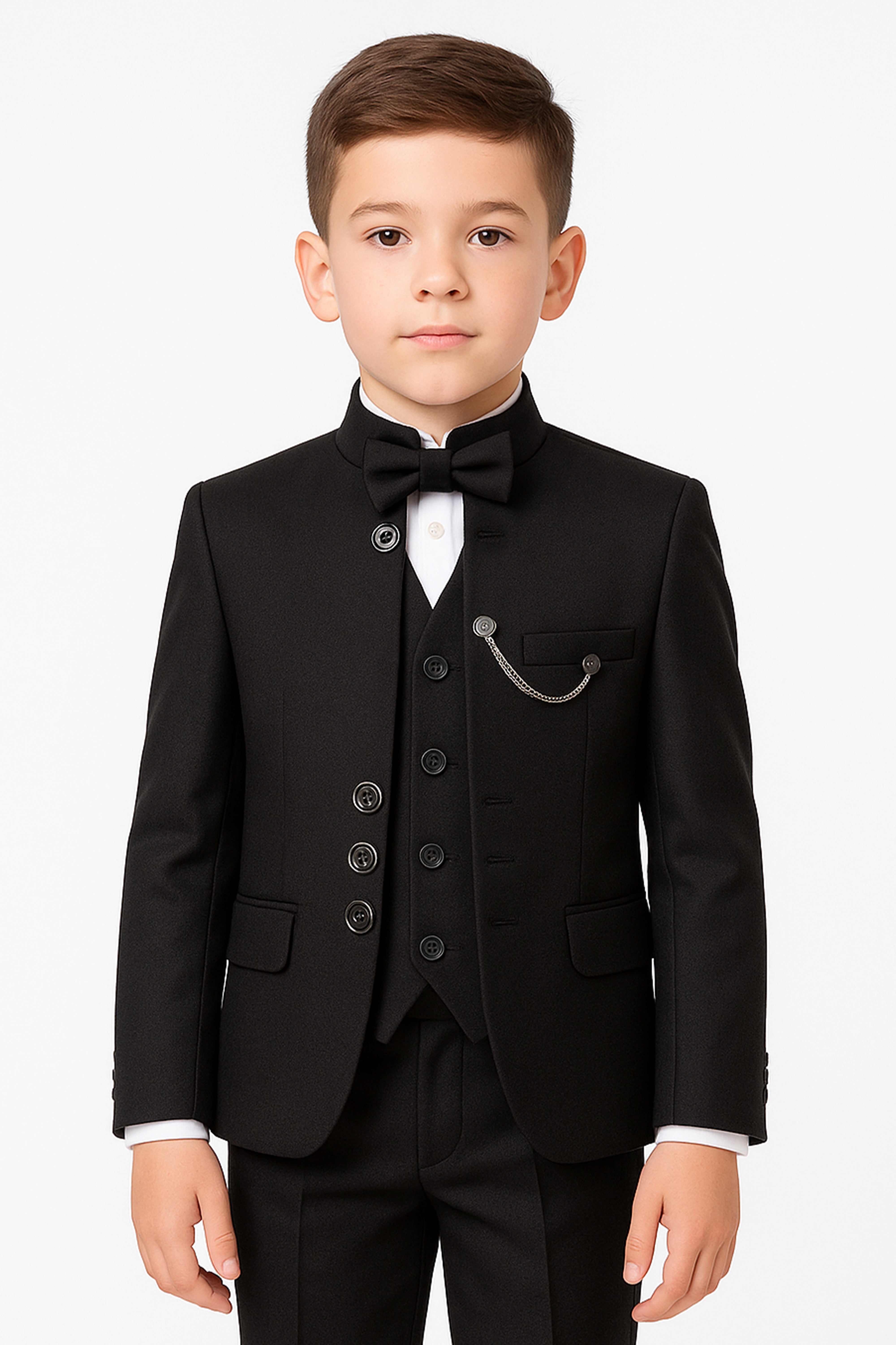 Boys’ 6-Piece Formal Ottoman Suit with Mandarin Collar  - Black Front Picture