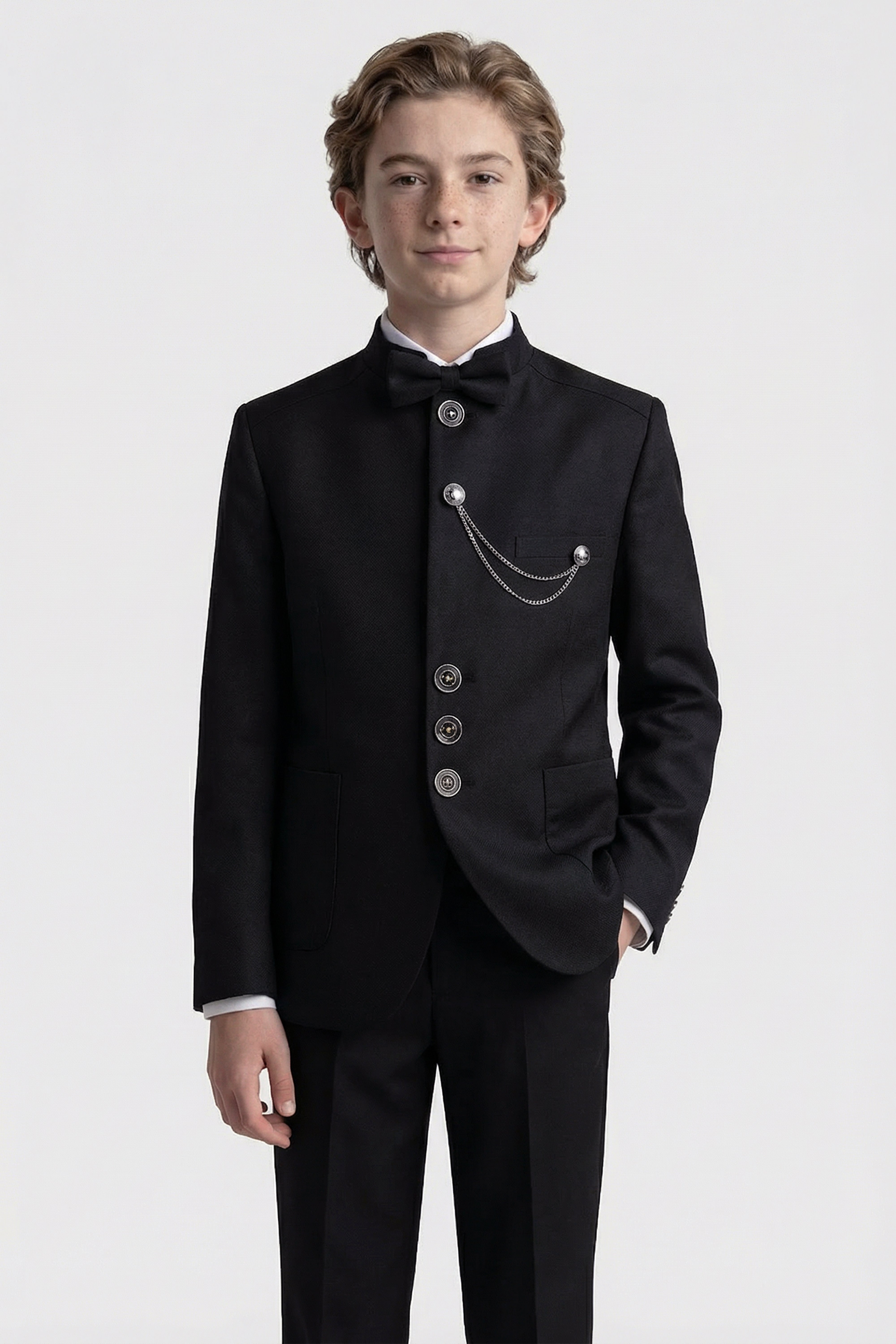 Boys’ 6-Piece Formal Ottoman Suit with Mandarin Collar  - Black Front Picture