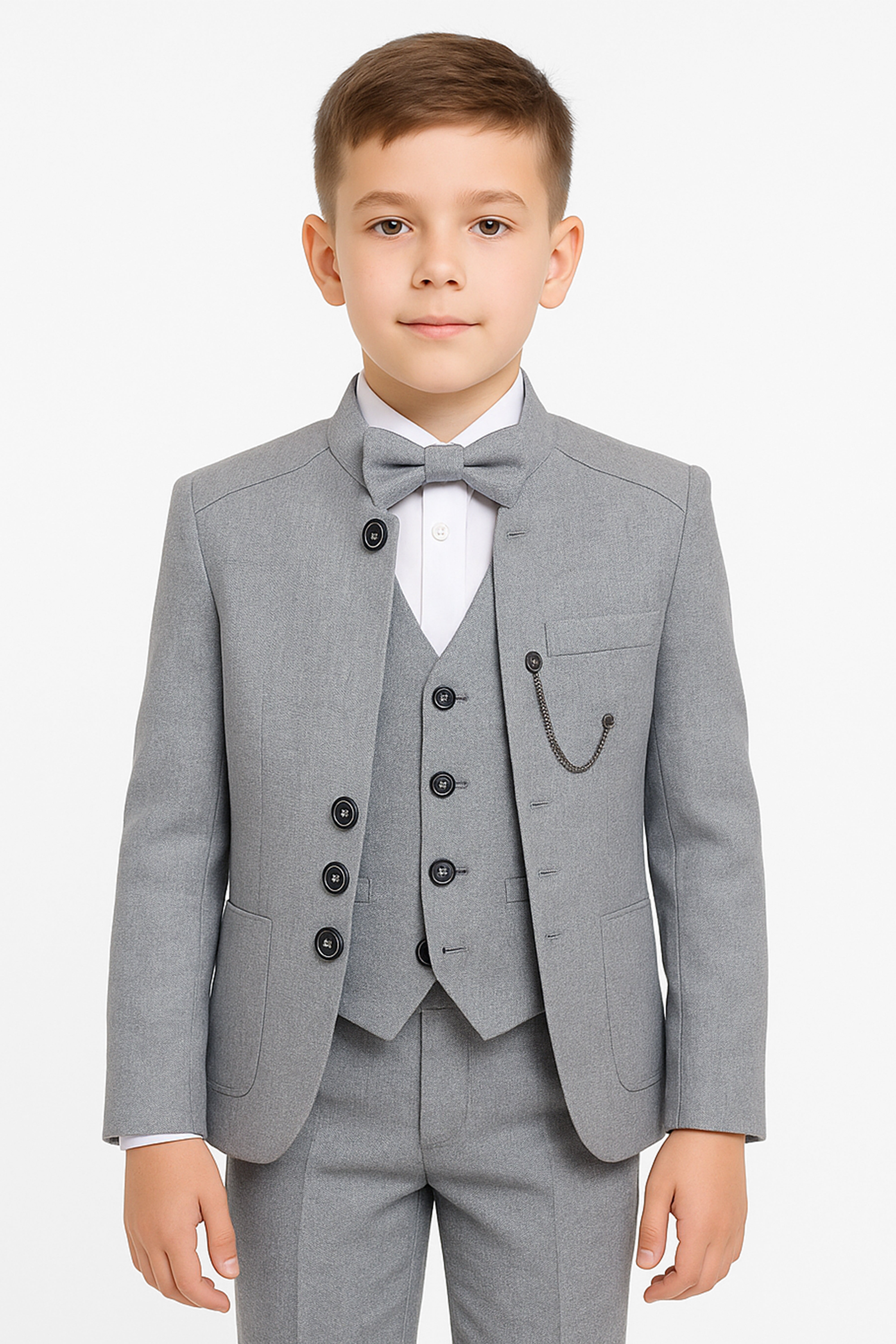 Boys’ 6-Piece Formal Ottoman Suit with Mandarin Collar  - Grey Front Picture