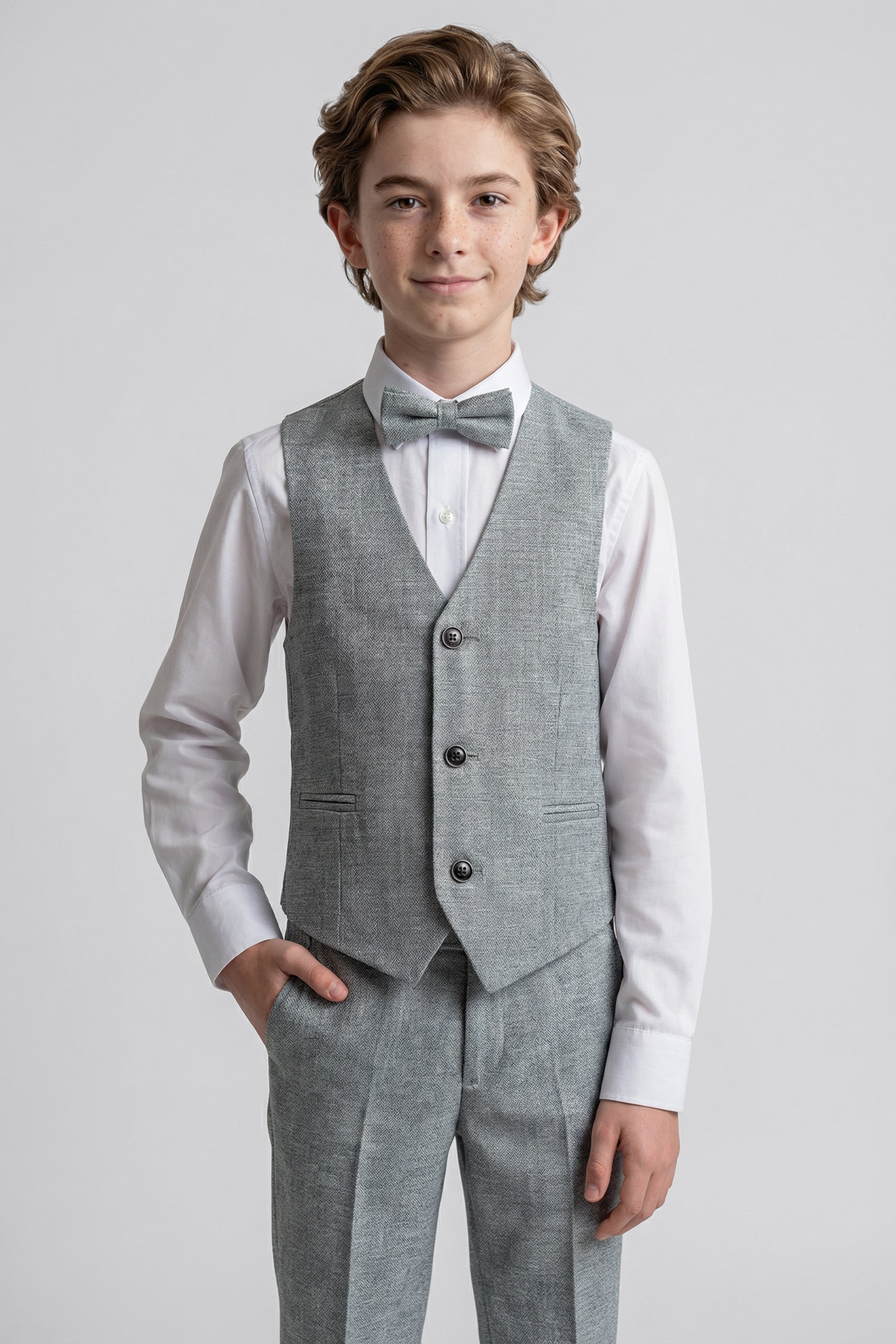 Boys’ 6-Piece Formal Ottoman Suit with Mandarin Collar  - Grey Waistcoat Picture