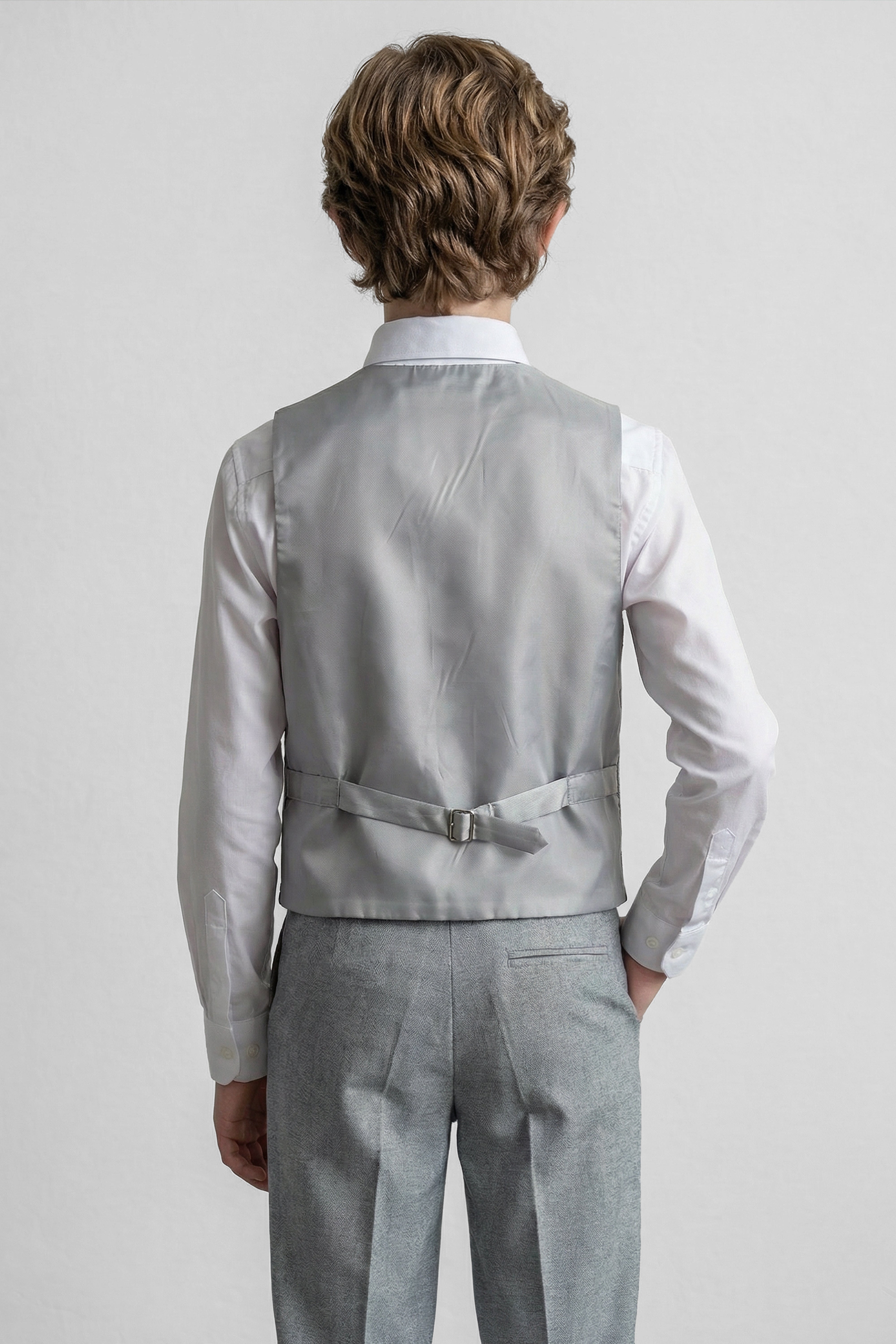 Boys’ 6-Piece Formal Ottoman Suit with Mandarin Collar  - Grey Model Back Picture