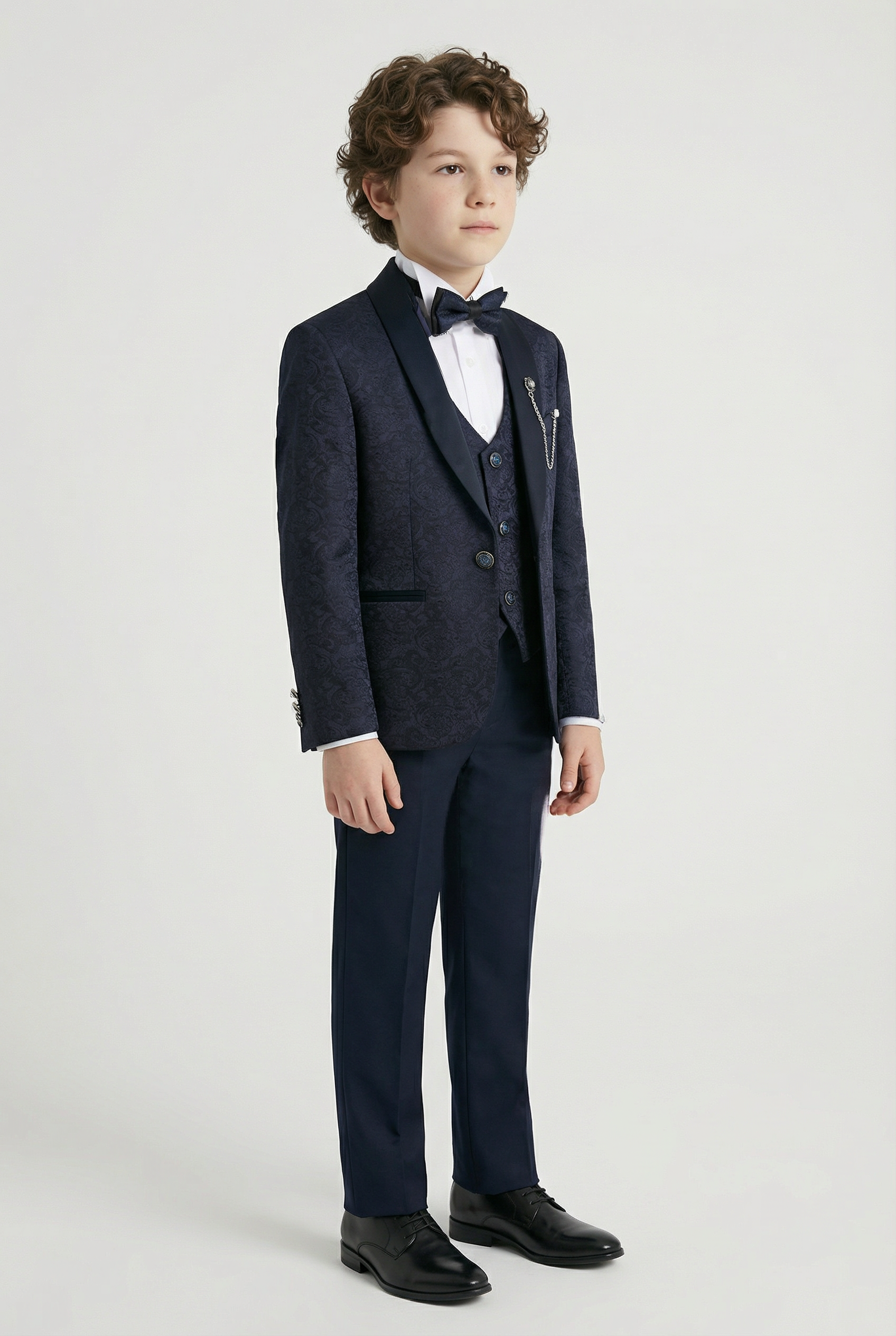 Boys’ 6-Piece Jacquard Paisley Tuxedo Suit - Navy Side Picture