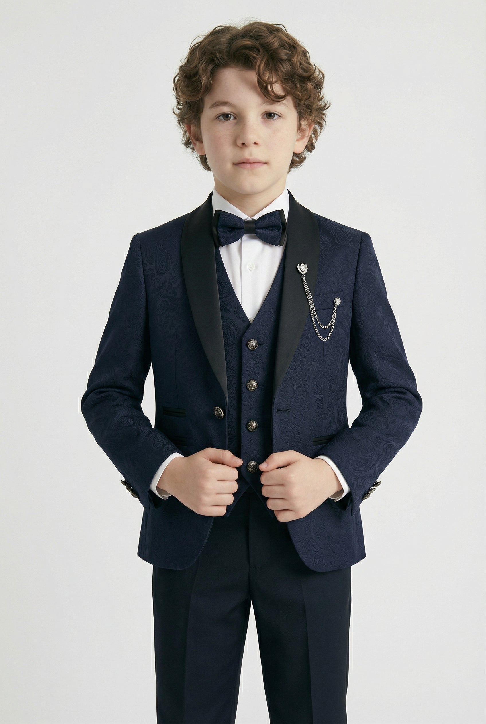 Boys’ 6-Piece Jacquard Paisley Tuxedo Suit - Navy 