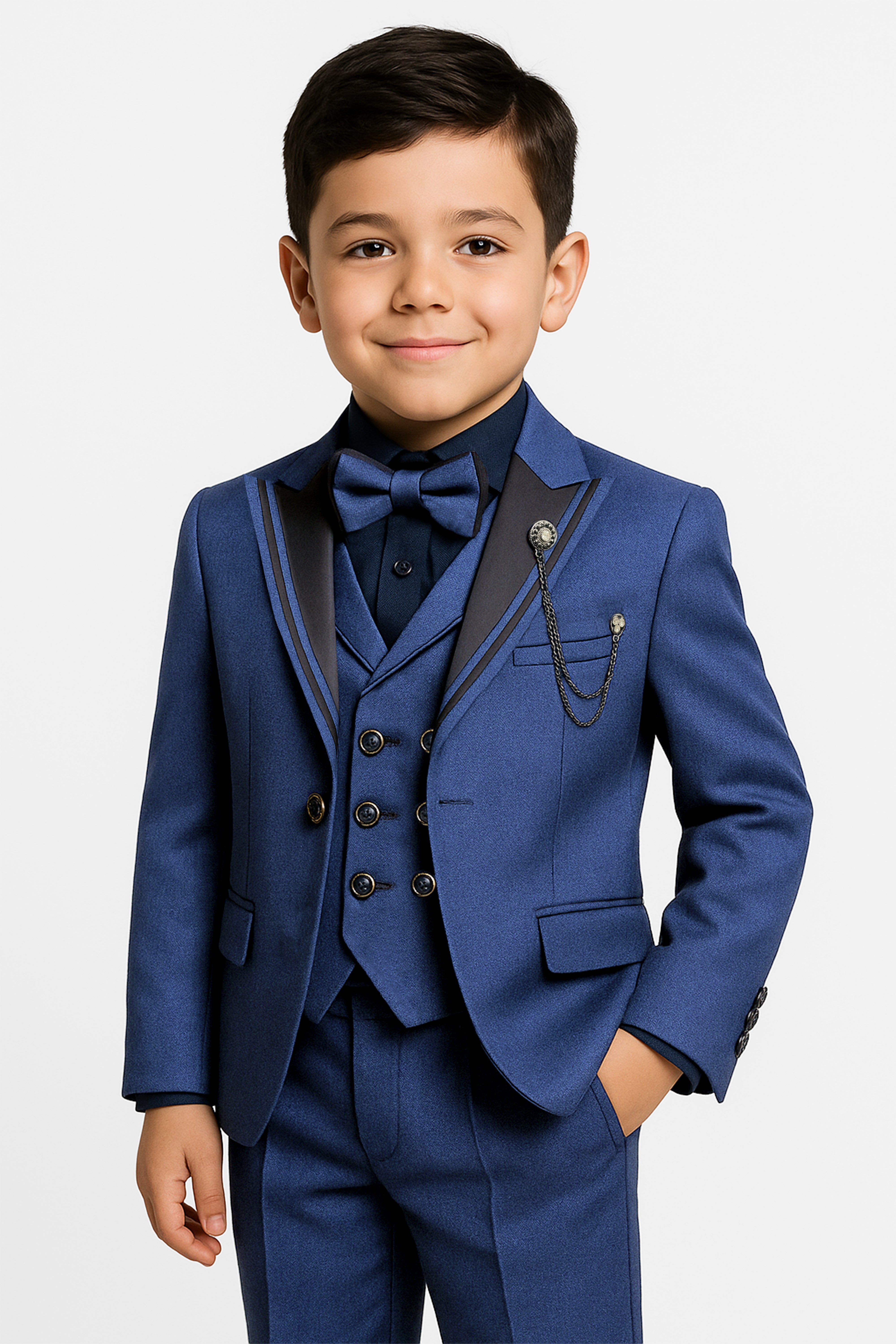 Boys’ 6-Piece Tuxedo Dinner Suit with Double Breasted Waistcoat - DAMATLIK - Navy Model Picture