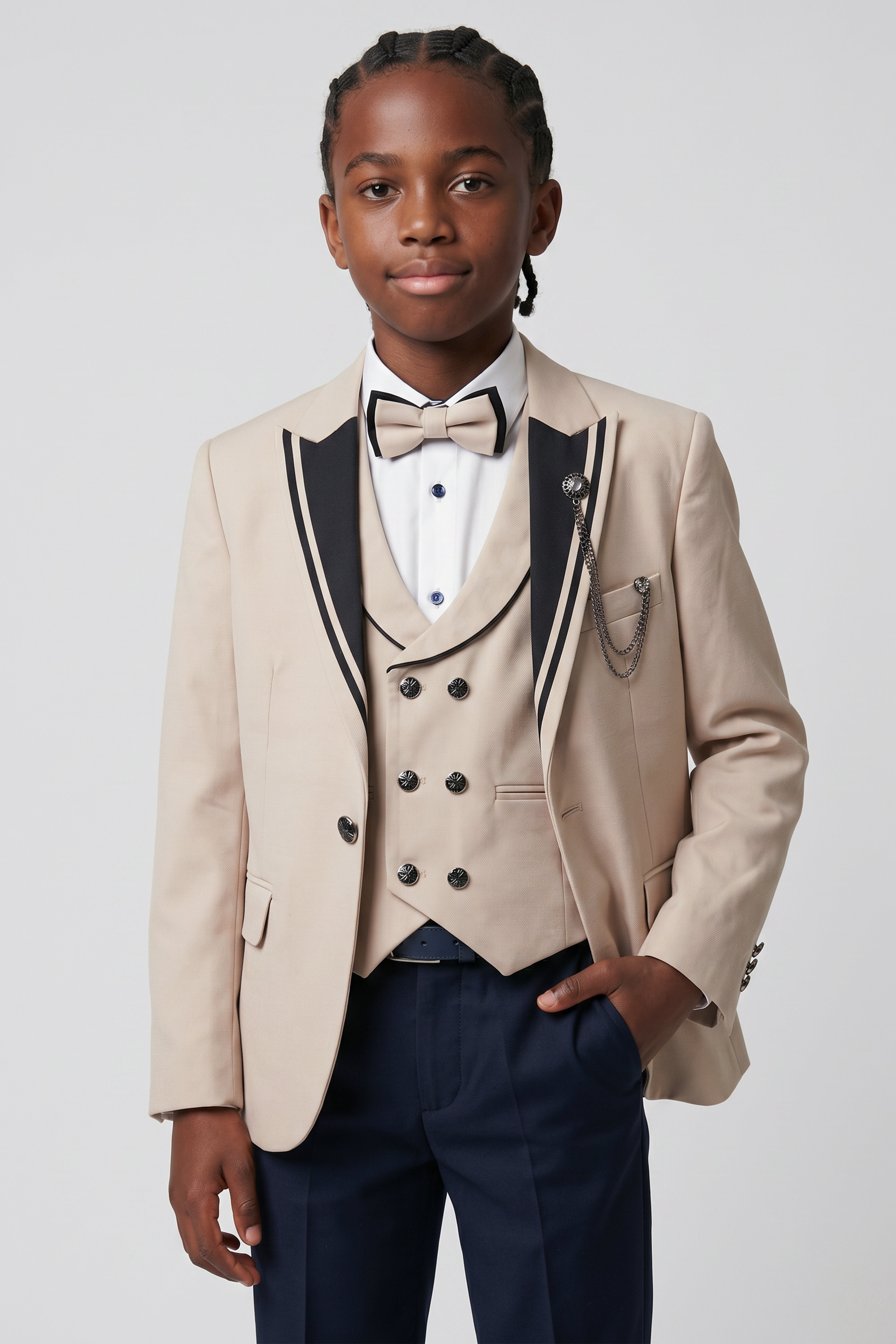 Completo da cerimonia da 6 pezzi per ragazzi con gilet doppiopetto - DAMATLIK W - Beige Camel