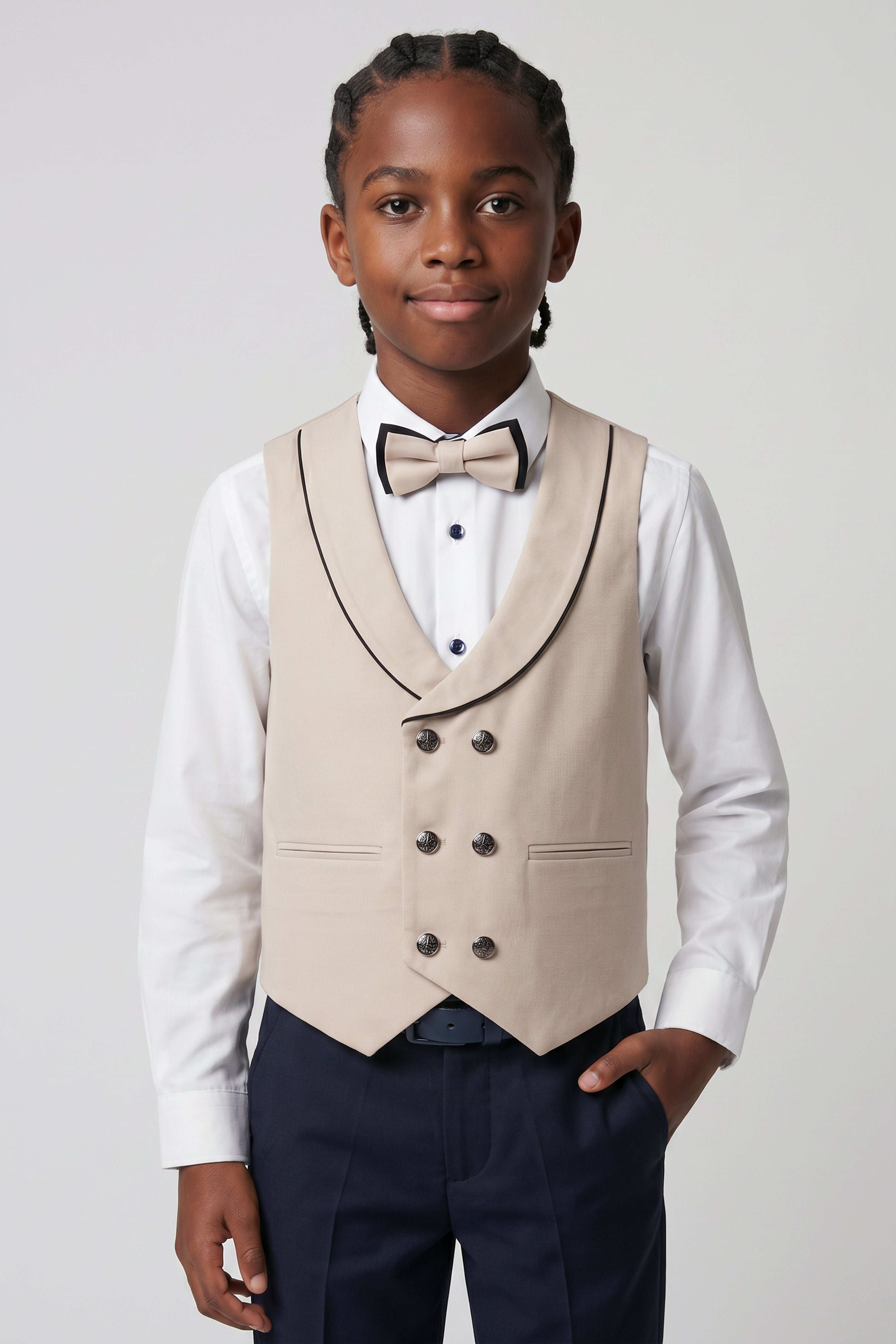 Completo da cerimonia da 6 pezzi per ragazzi con gilet doppiopetto - DAMATLIK W - Beige Camel
