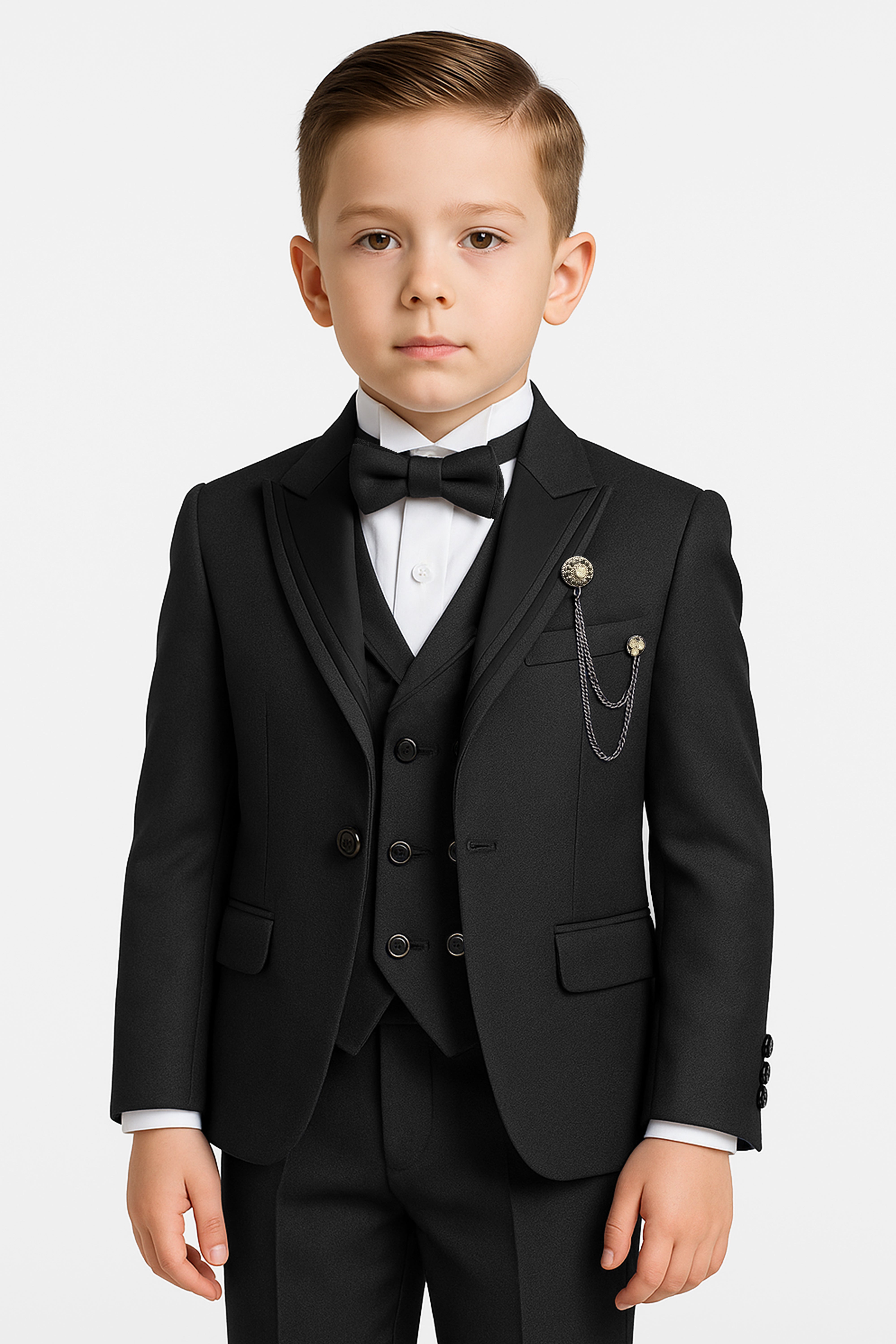 Boys’ 6-Piece Tuxedo Dinner Suit with Double Breasted Waistcoat - DAMATLIK W - Black Model Picture