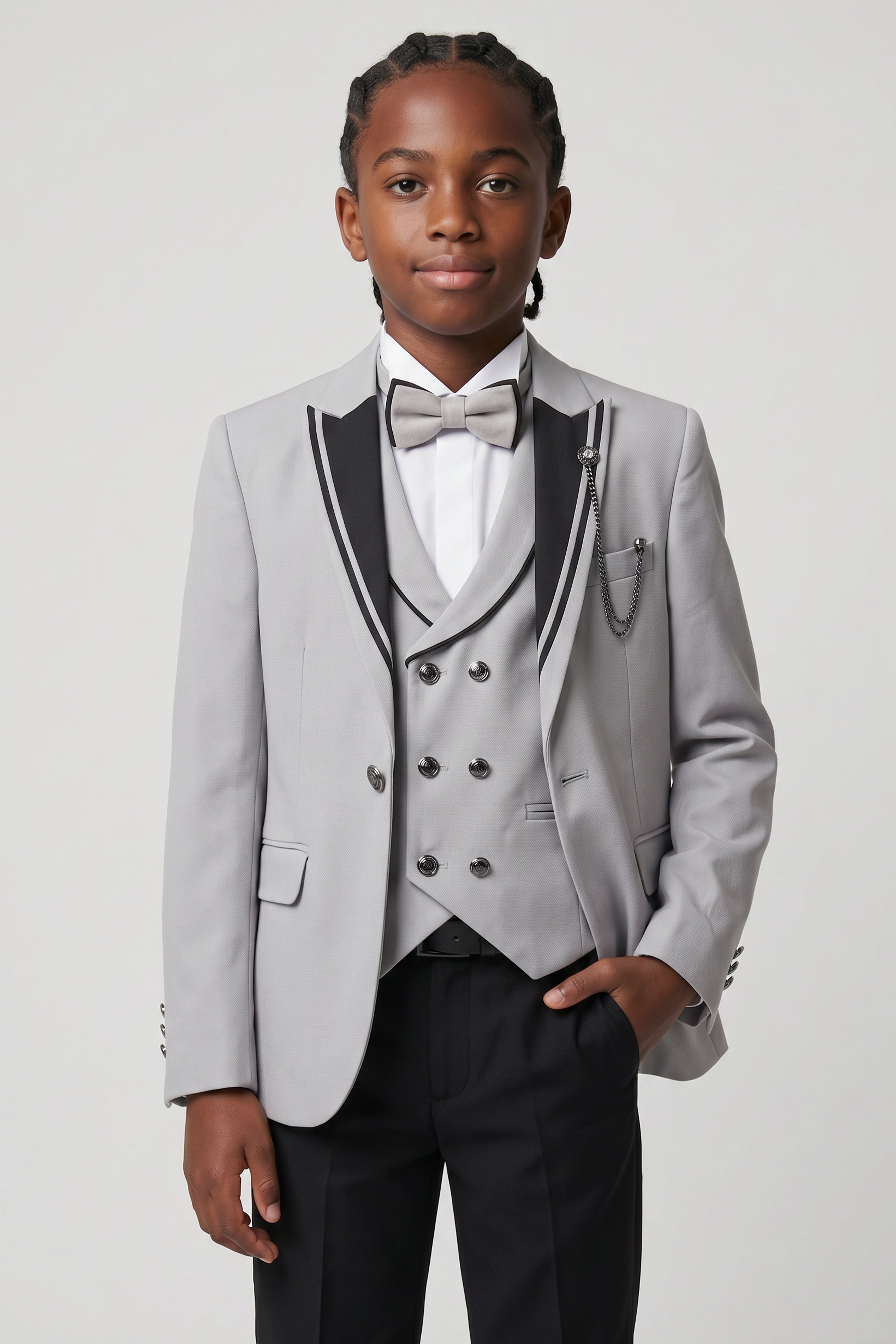 Boys 6-Piece Tuxedo Dinner Suit with Double Breasted Waistcoat - DAMATLIK W - Grey