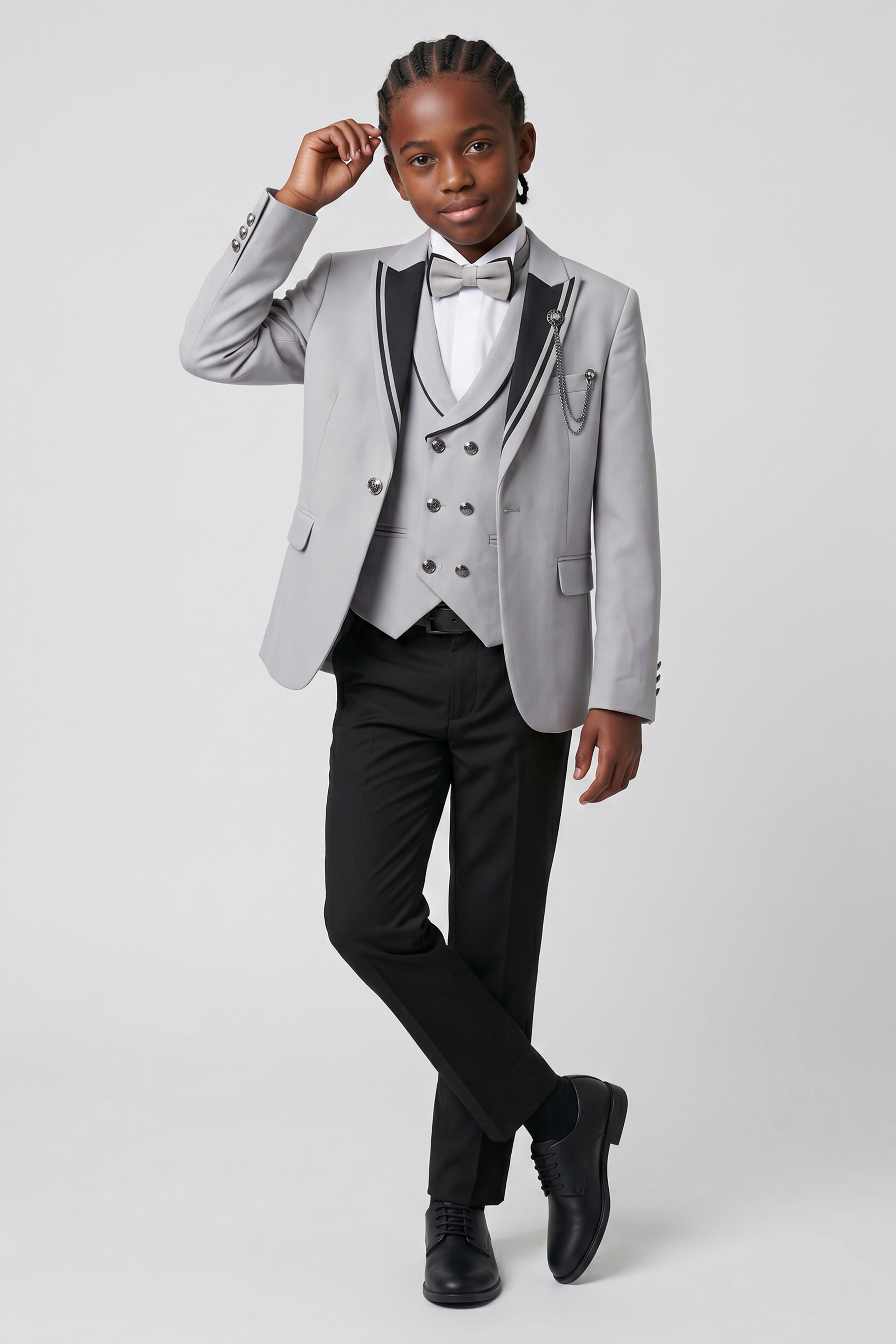 Boys 6-Piece Tuxedo Dinner Suit with Double Breasted Waistcoat - DAMATLIK W - Grey