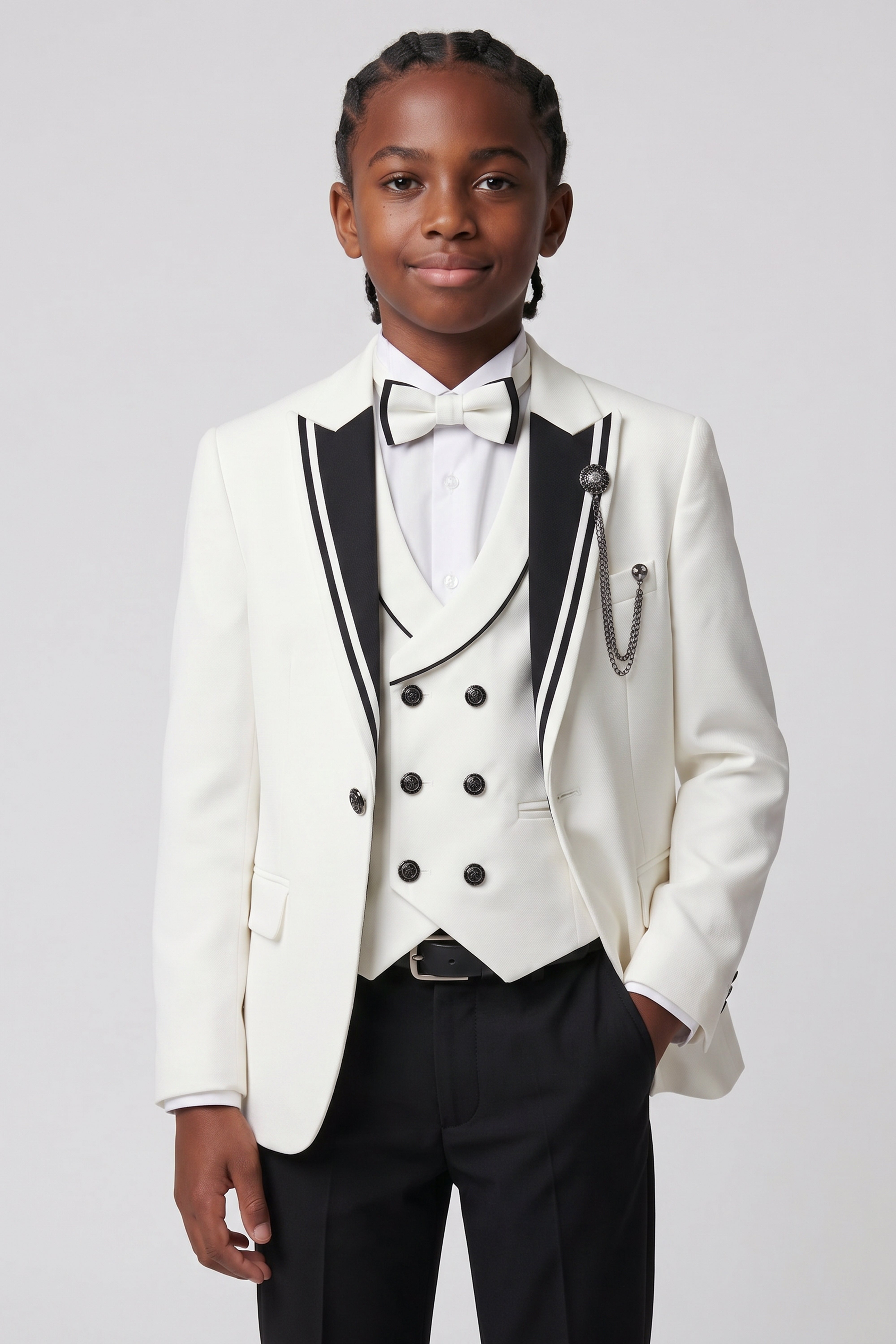 Boys 6-Piece Tuxedo Dinner Suit with Double Breasted Waistcoat - DAMATLIK W - Ivory