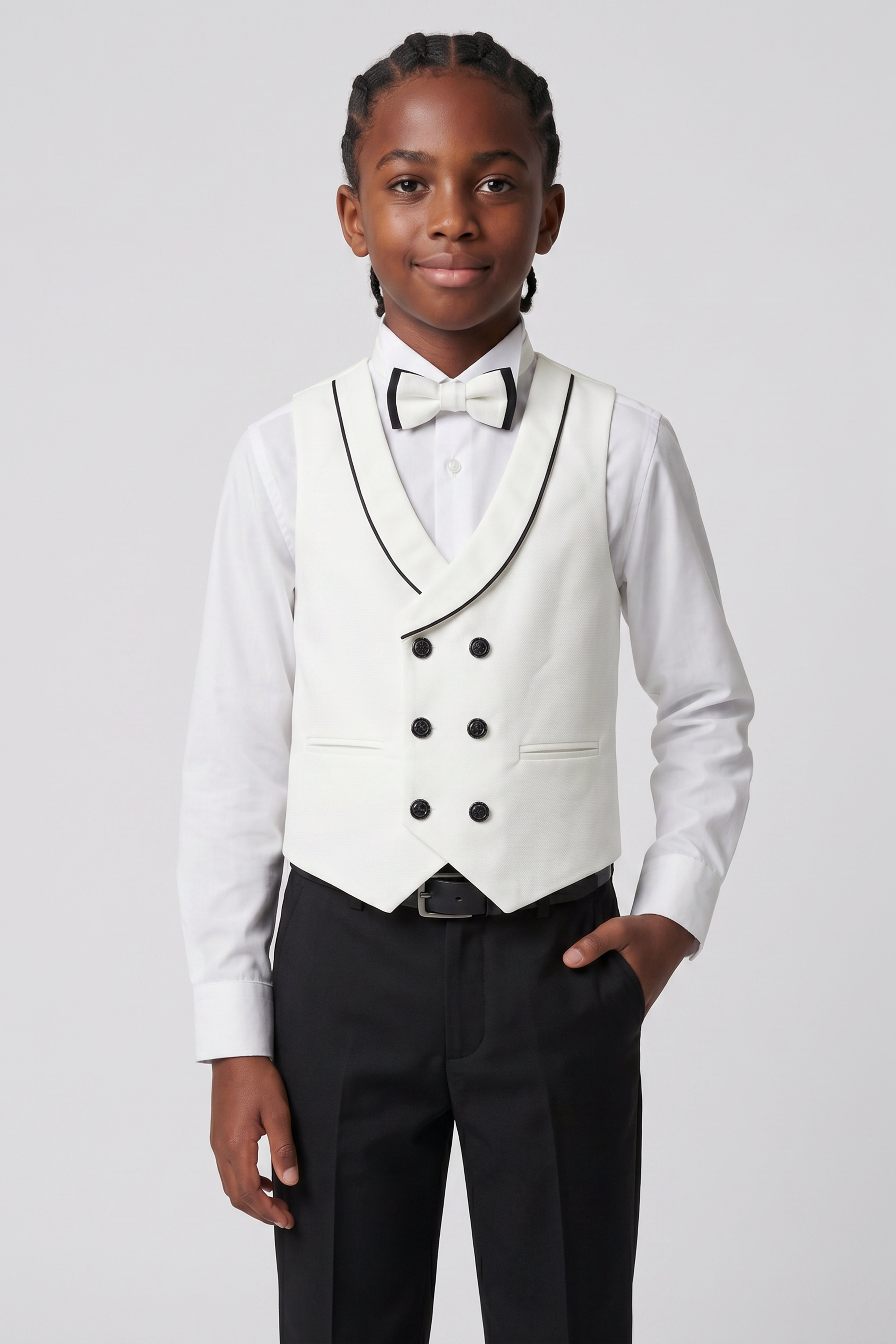 Boys 6-Piece Tuxedo Dinner Suit with Double Breasted Waistcoat - DAMATLIK W - Ivory