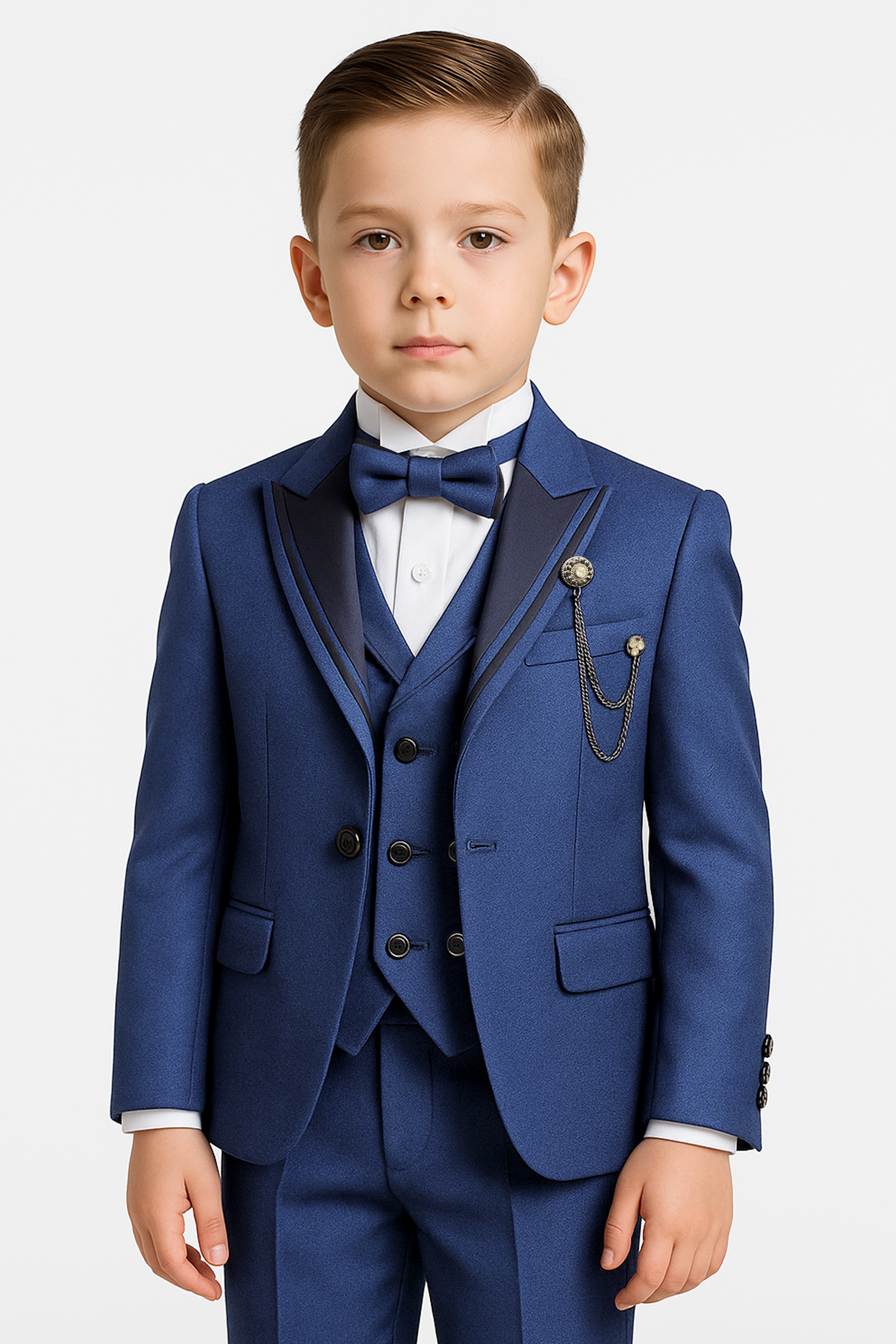 Boys’ 6-Piece Tuxedo Dinner Suit with Double Breasted Waistcoat - DAMATLIK W - Navy Model Picture