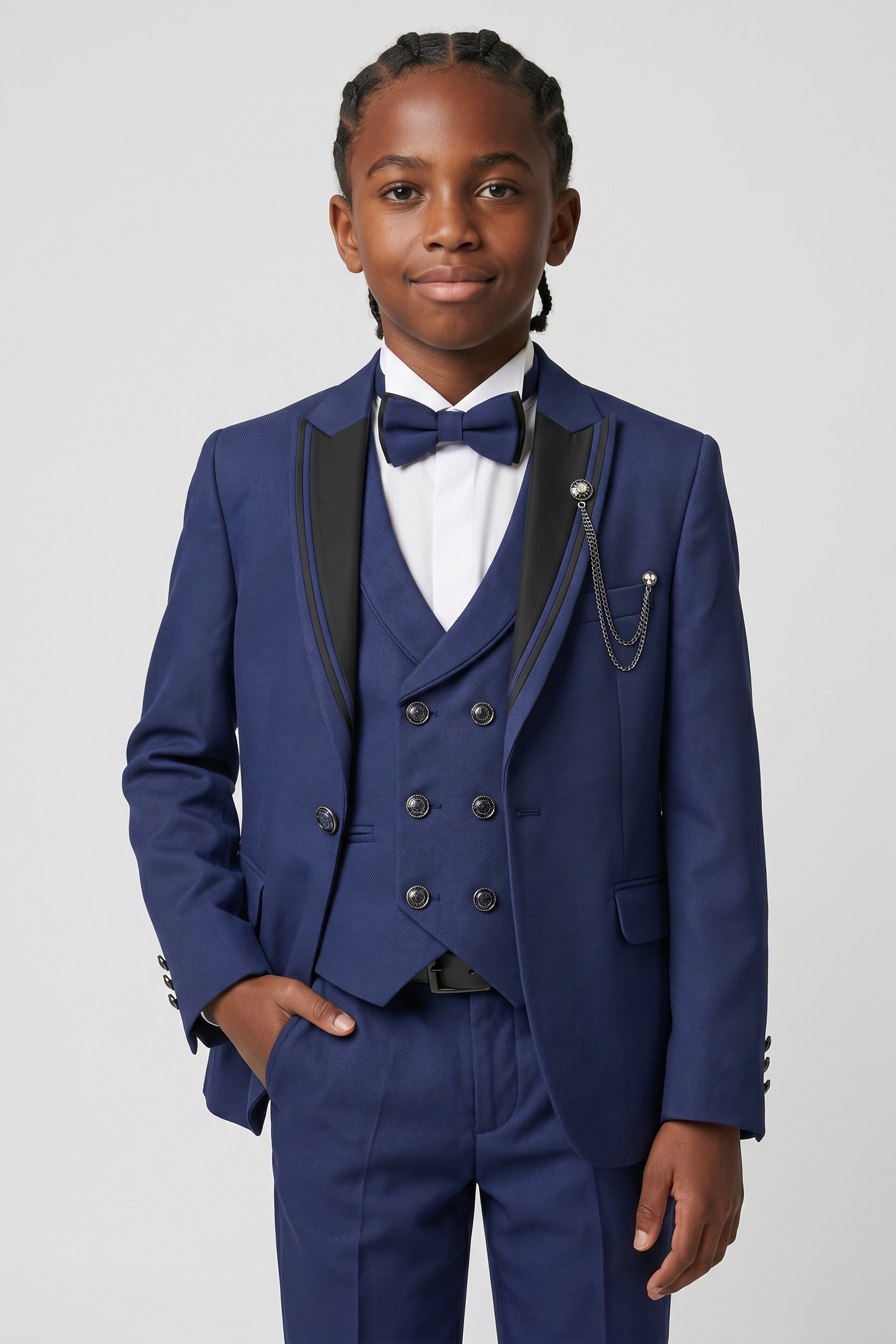 Boys 6-Piece Tuxedo Dinner Suit with Double Breasted Waistcoat - DAMATLIK W - Navy