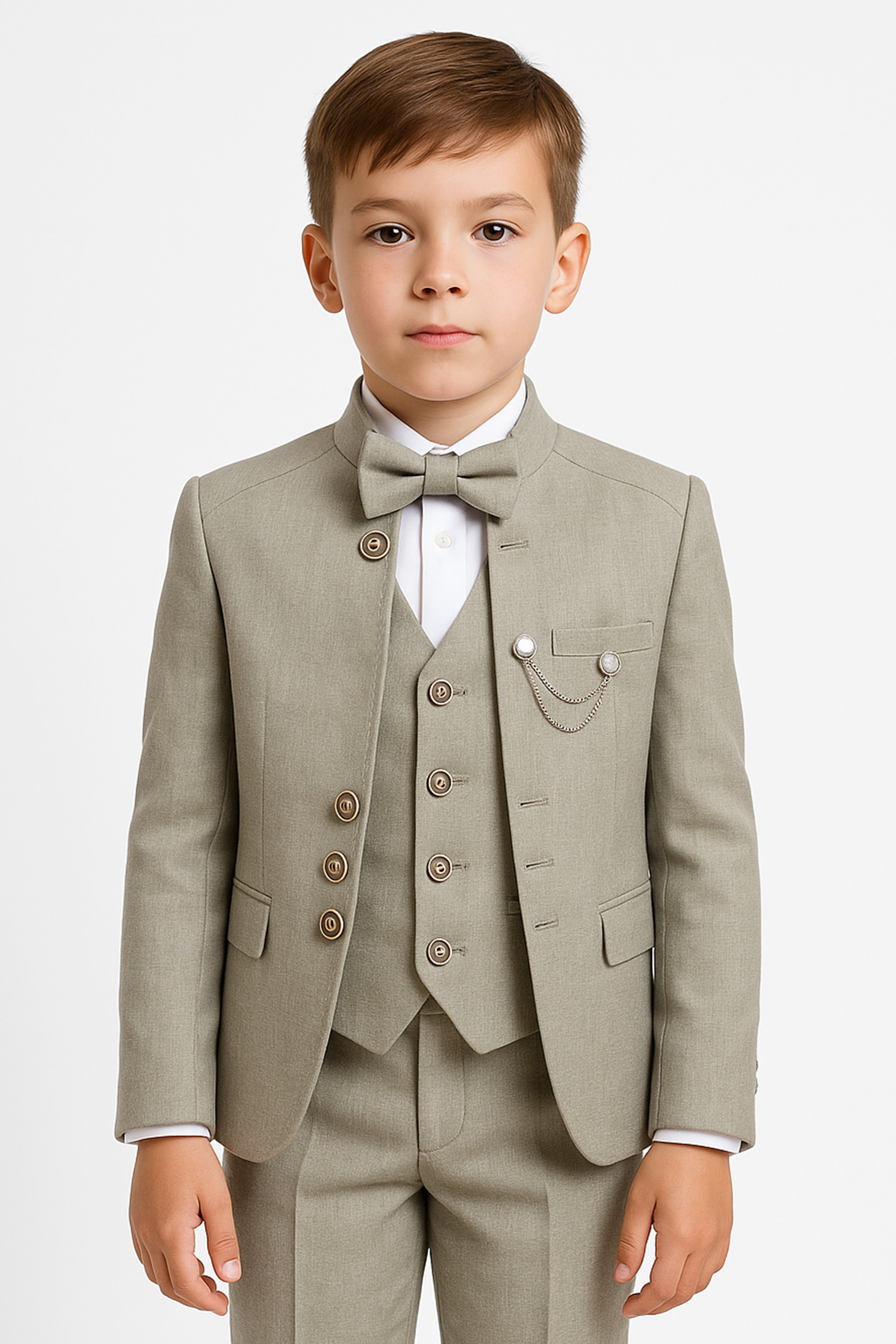 Boys’ 6-Piece Formal Ottoman Suit with Mandarin Collar  - Green Front Picture