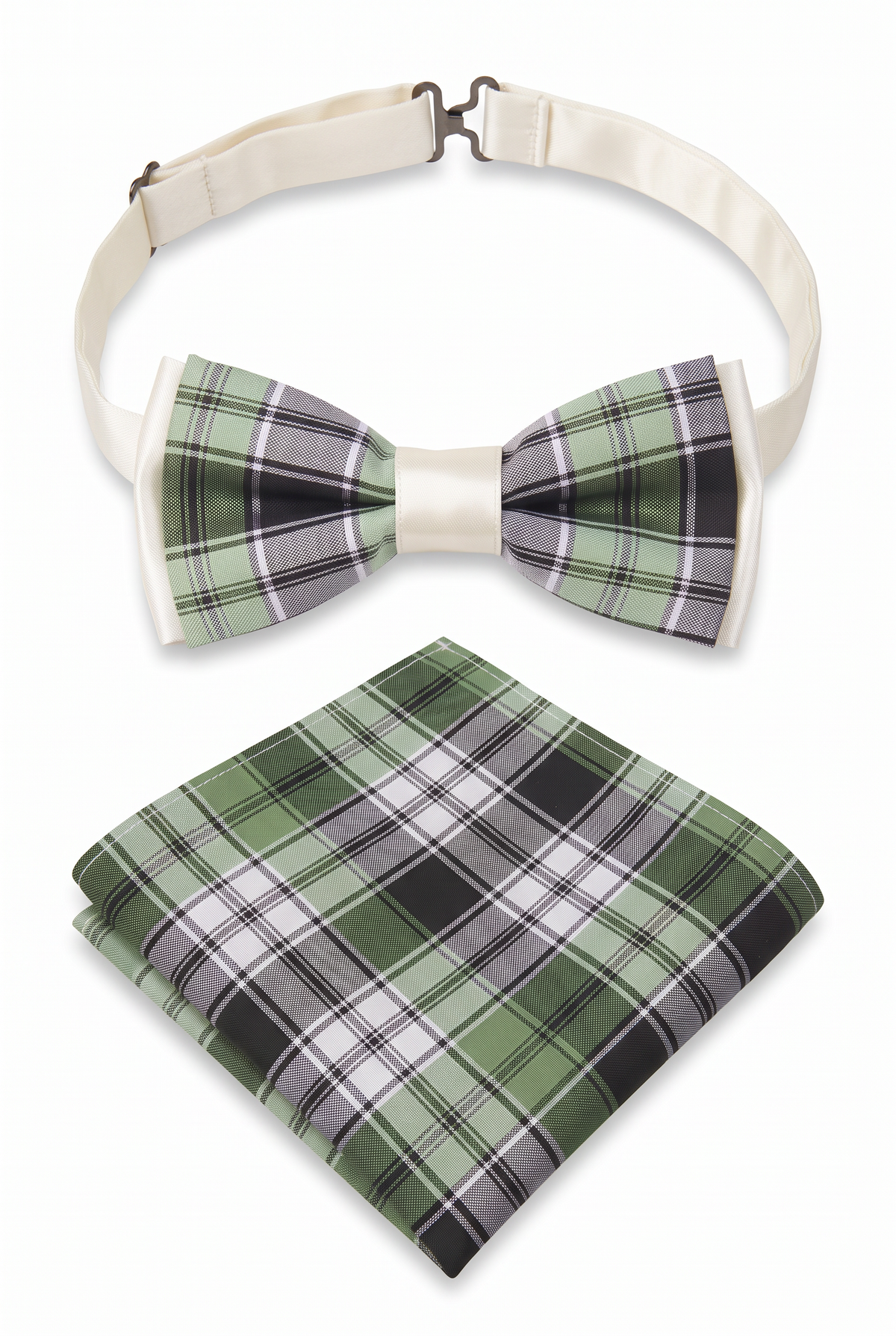 Boys Adjustable Pre-Tied Checkered Bow Tie & Pocket Square Set - Green and Black