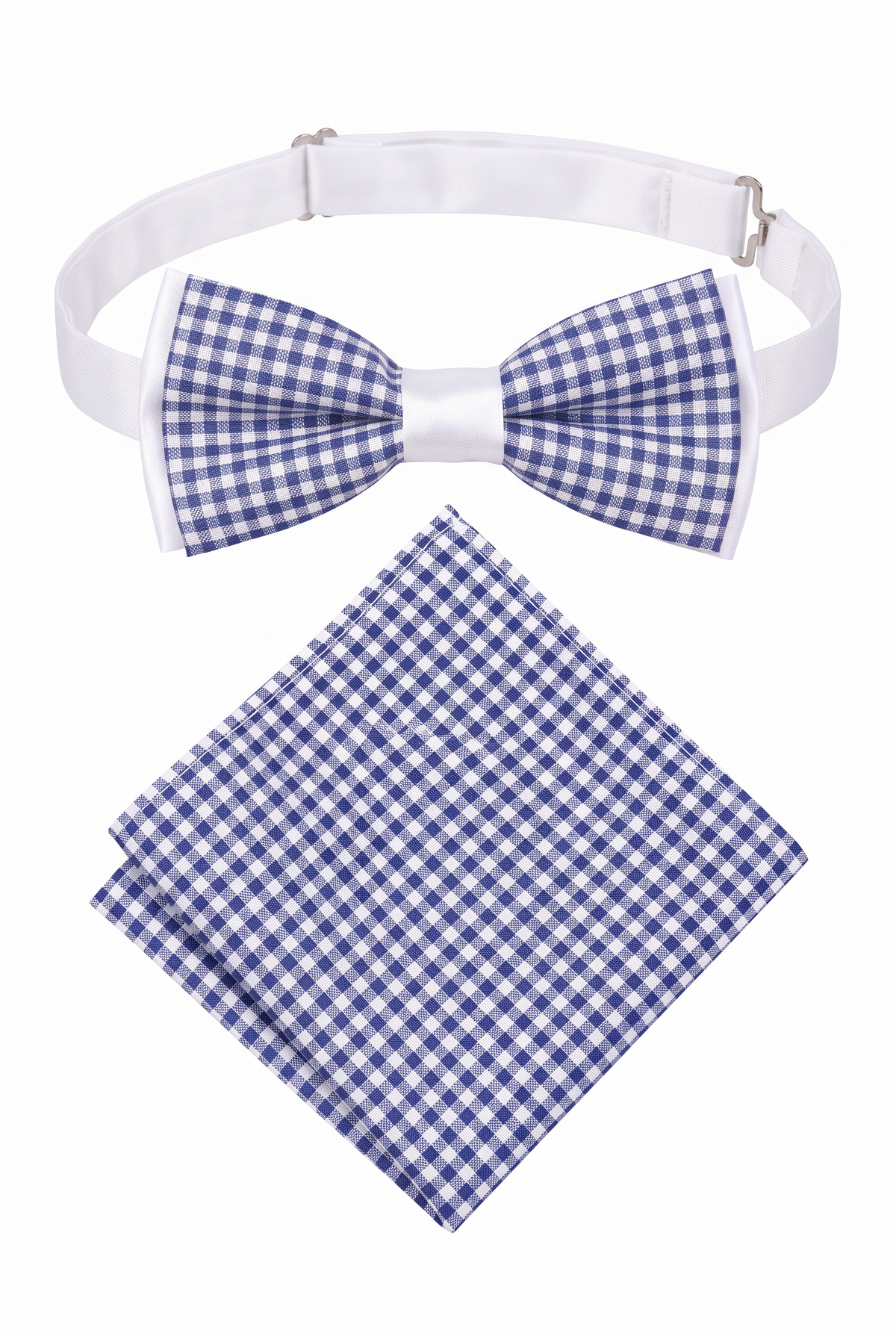 Set di papillon a quadri preannodato regolabile e pochette da taschino per bambini - Blu navy e Bianco