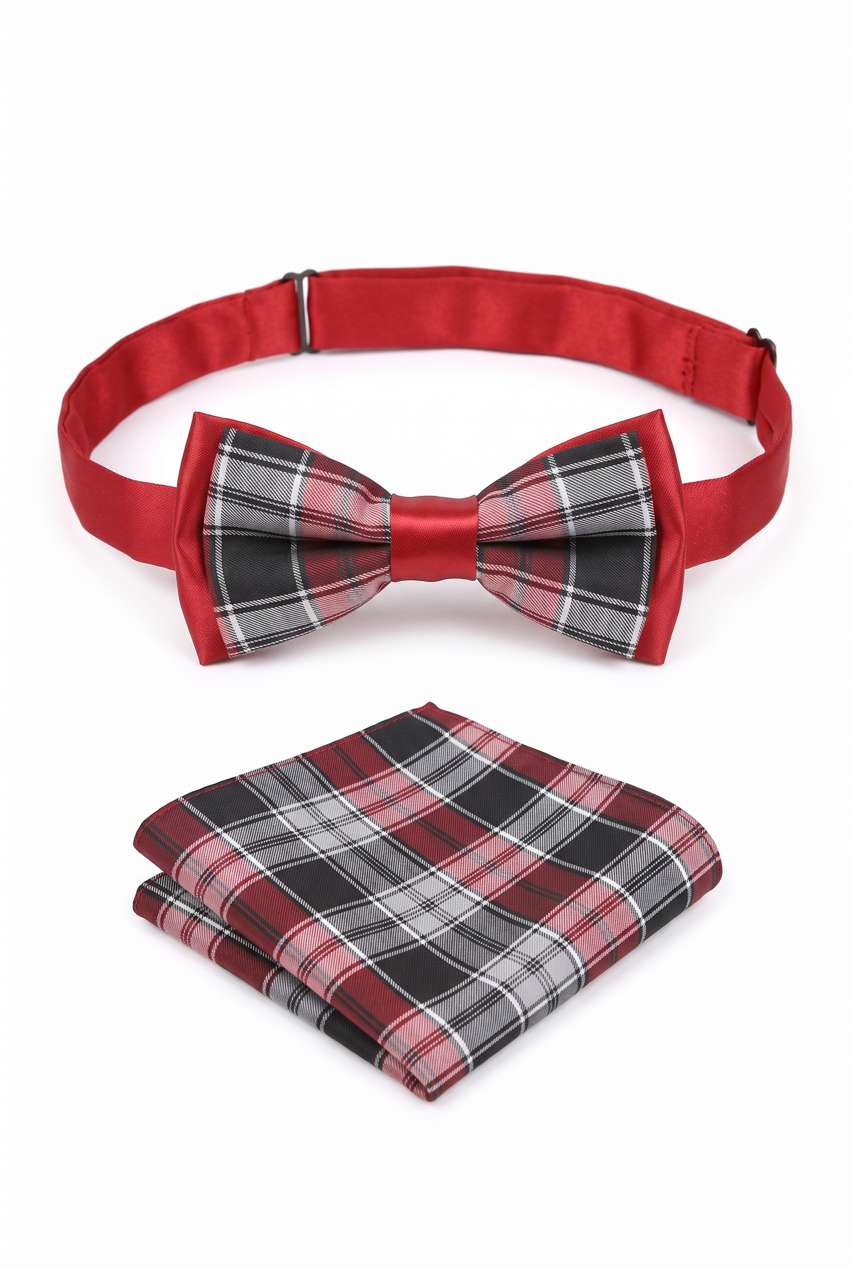 Set di papillon a quadri preannodato regolabile e pochette da taschino per bambini - Rosso e Grigio
