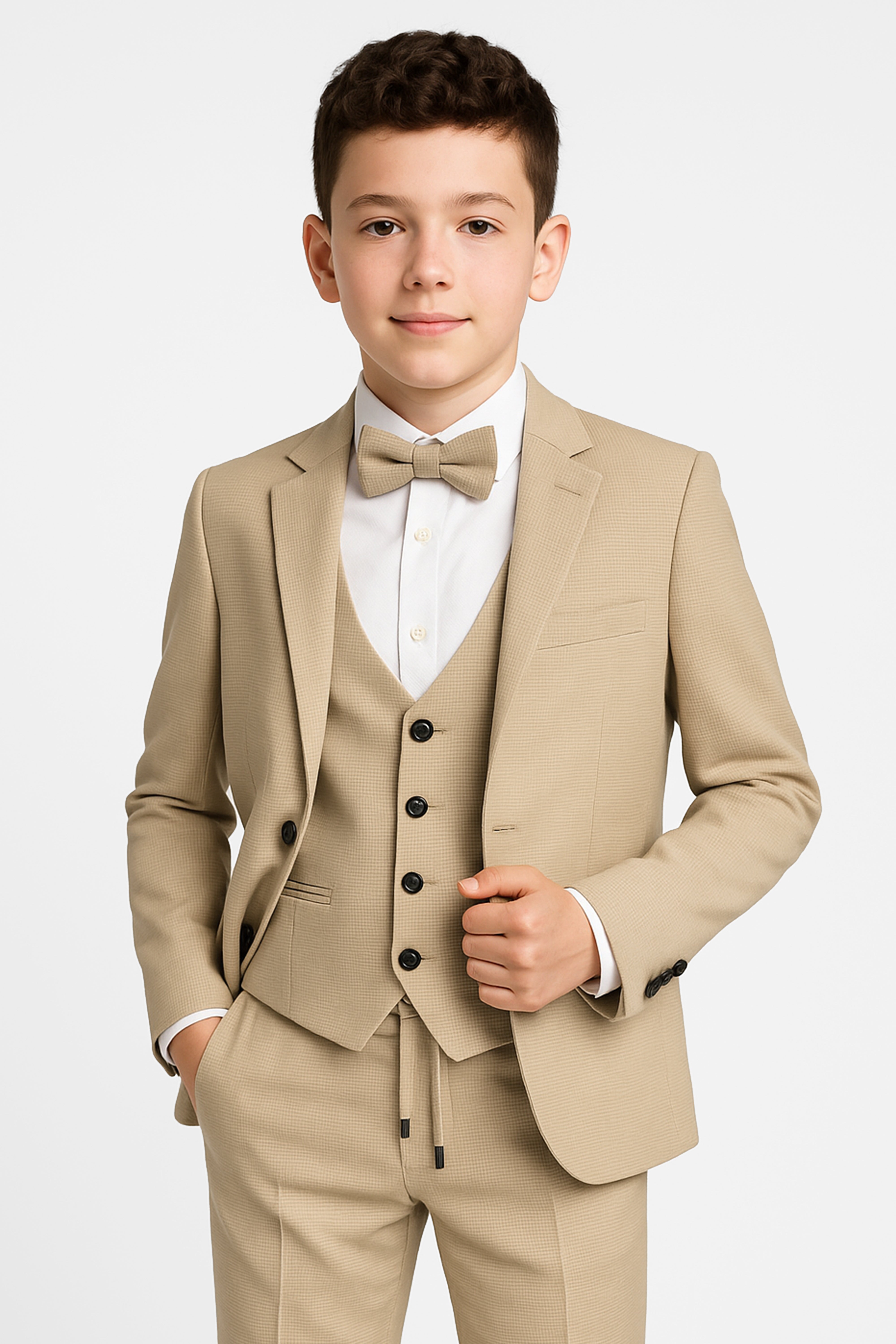 Boys’ Beige 5-Piece Textured Weave Formal Suit - Safir Front Picture