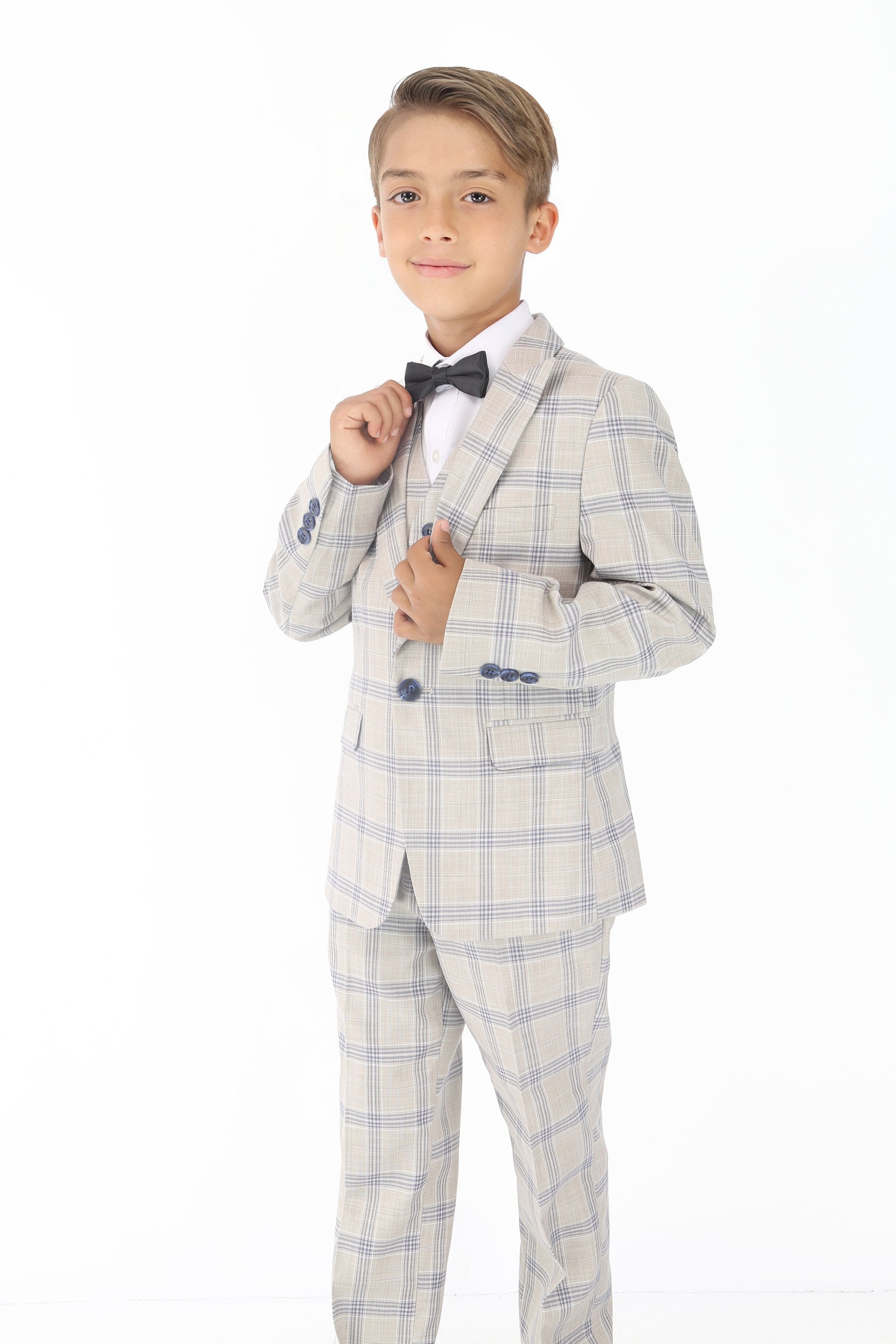 Boys Beige & Blue Plaid Check Suit - Beige - Blue Model Picture