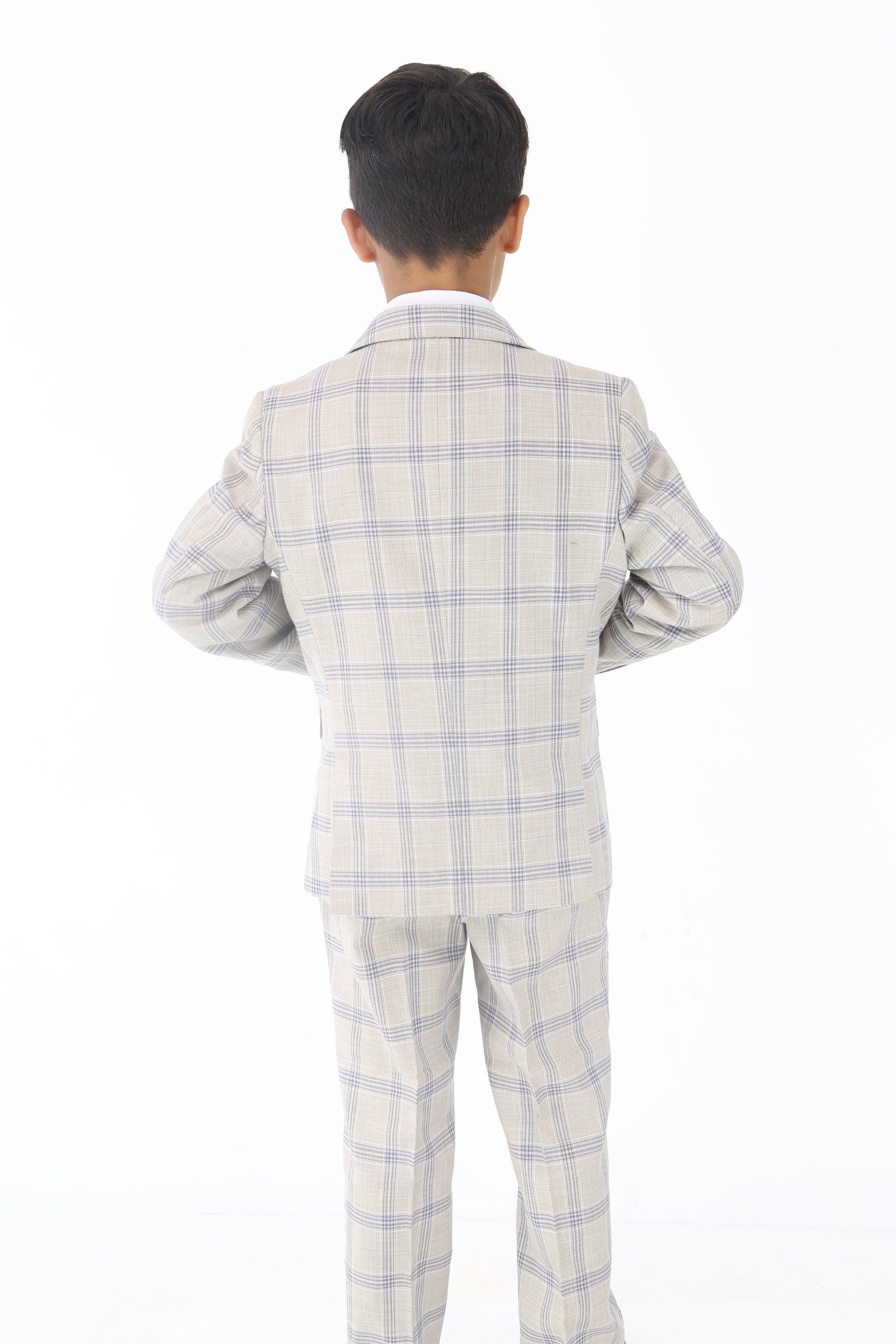 Boys Beige & Blue Plaid Check Suit - Beige - Blue Jacket Back Picture