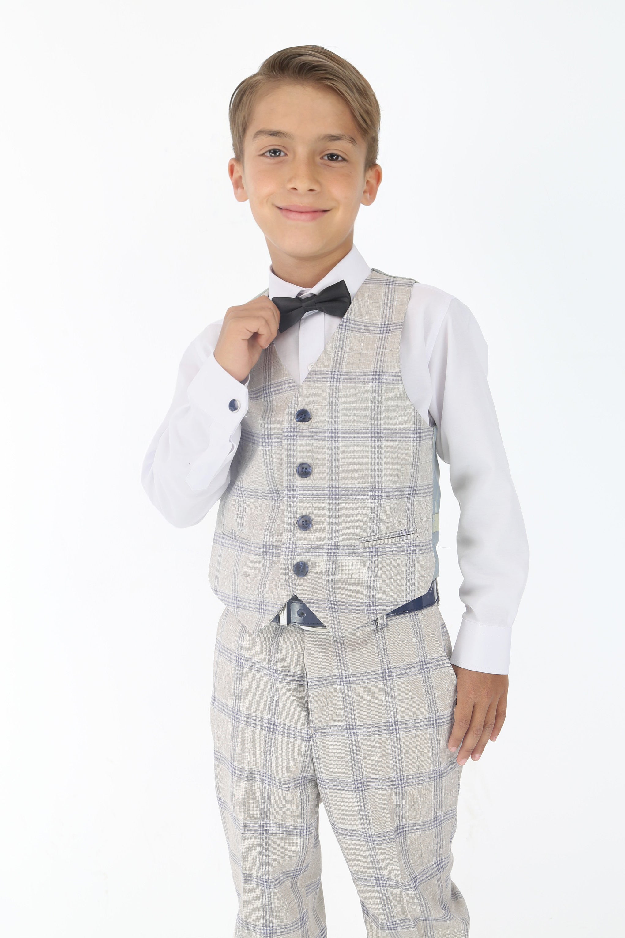 Boys Beige & Blue Plaid Check Suit - Beige - Blue Waistcoat Picture