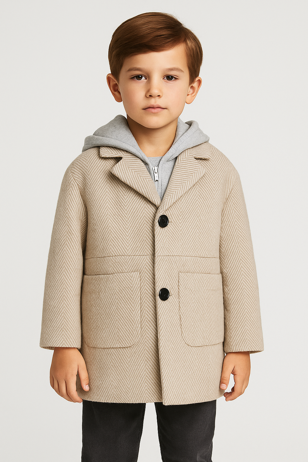 Boys Beige Hooded Herringbone Coat with Jersey Insert - Beige