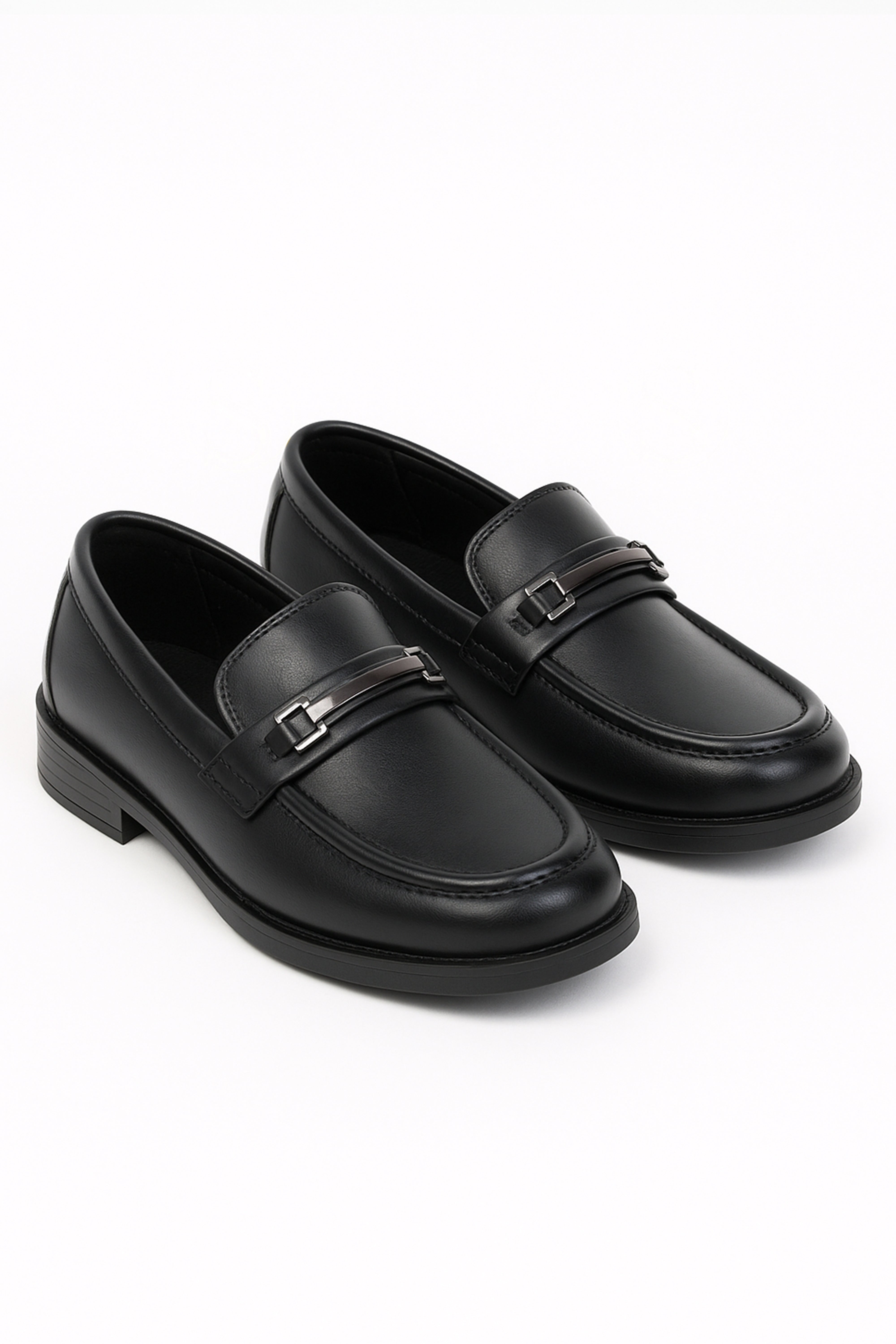 Boys’ Black Slip-On Loafer Shoes with Metal Bar - Colin - Black Pair Side Picture