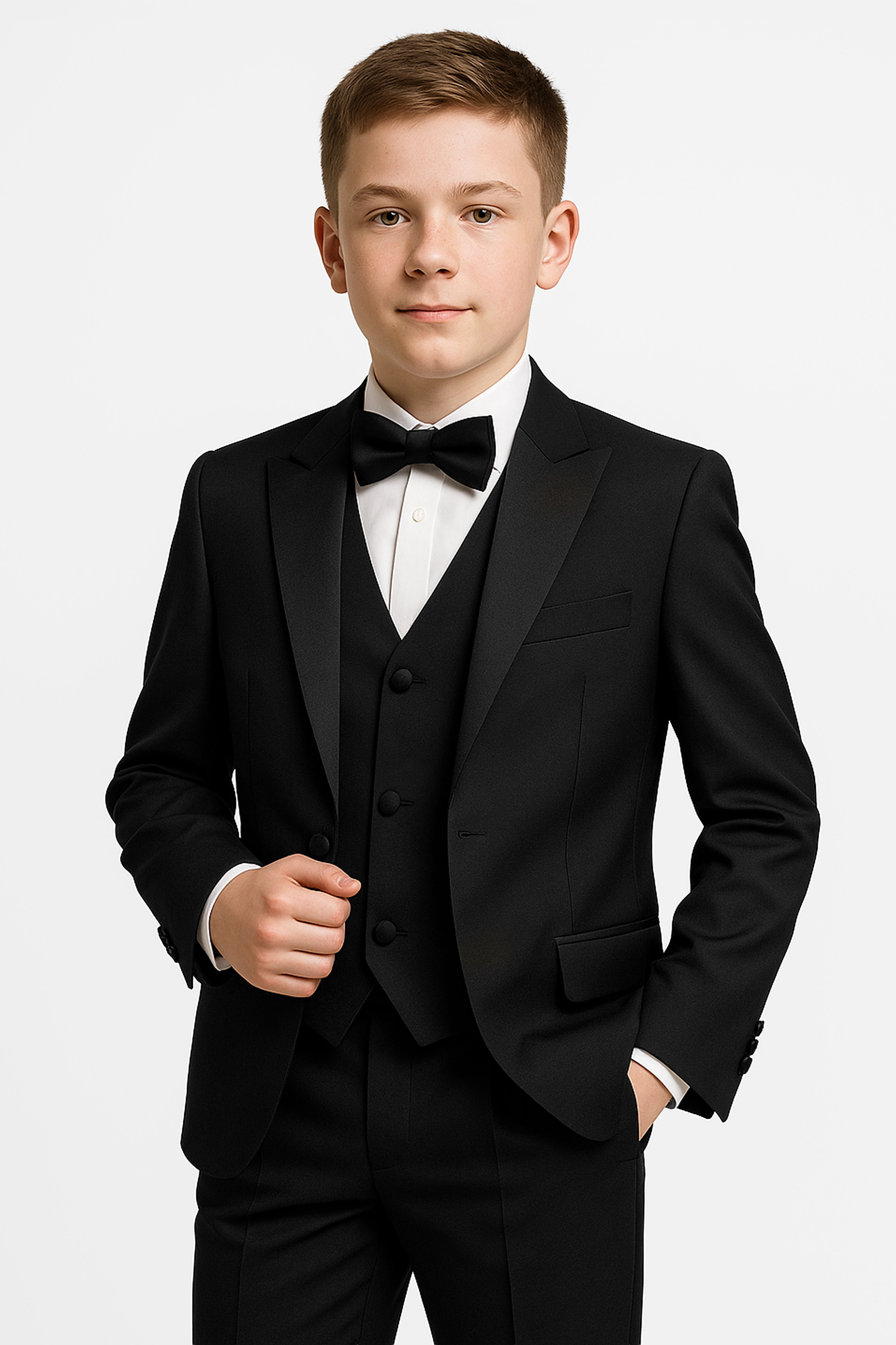 Boys 5-Piece Black Tuxedo Suit with Cufflink Shirt Model Picture