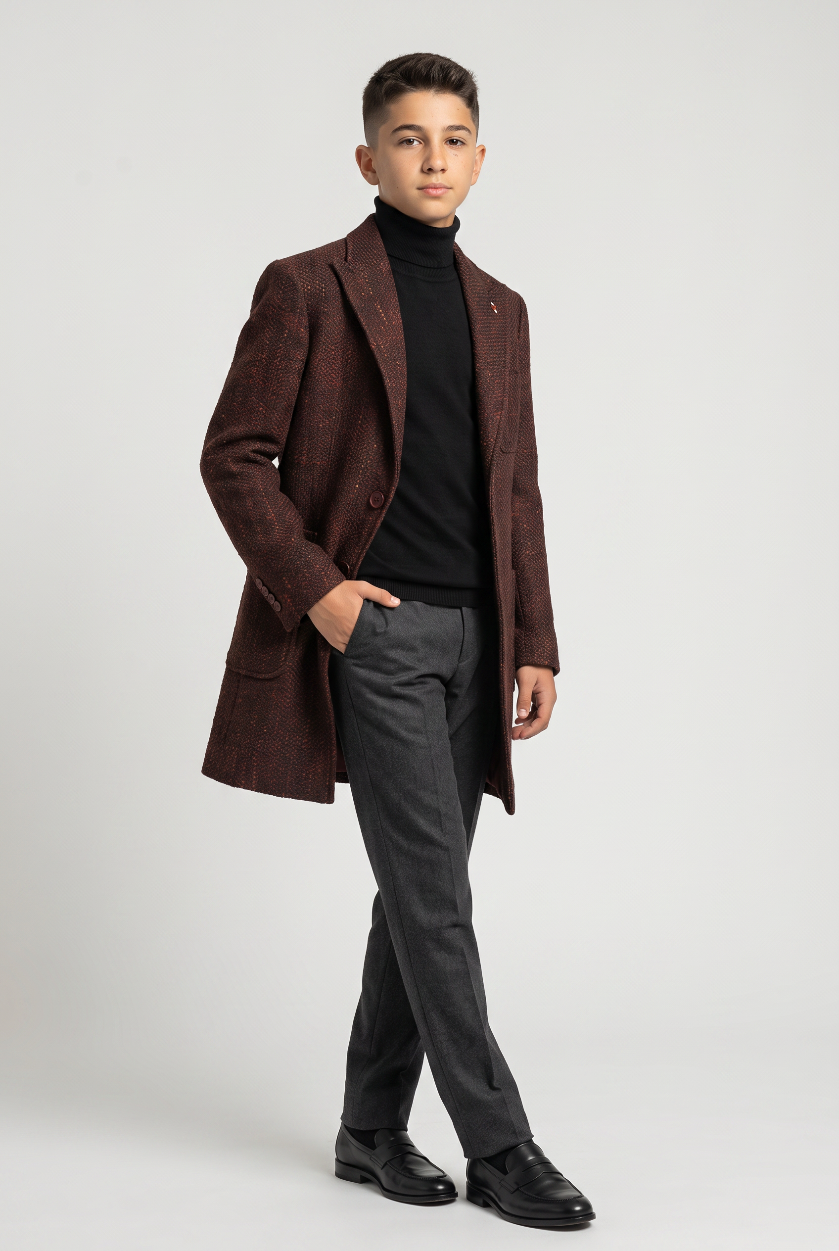 Jungen Burgunder Brauner Strukturierter Tweed-Blazer