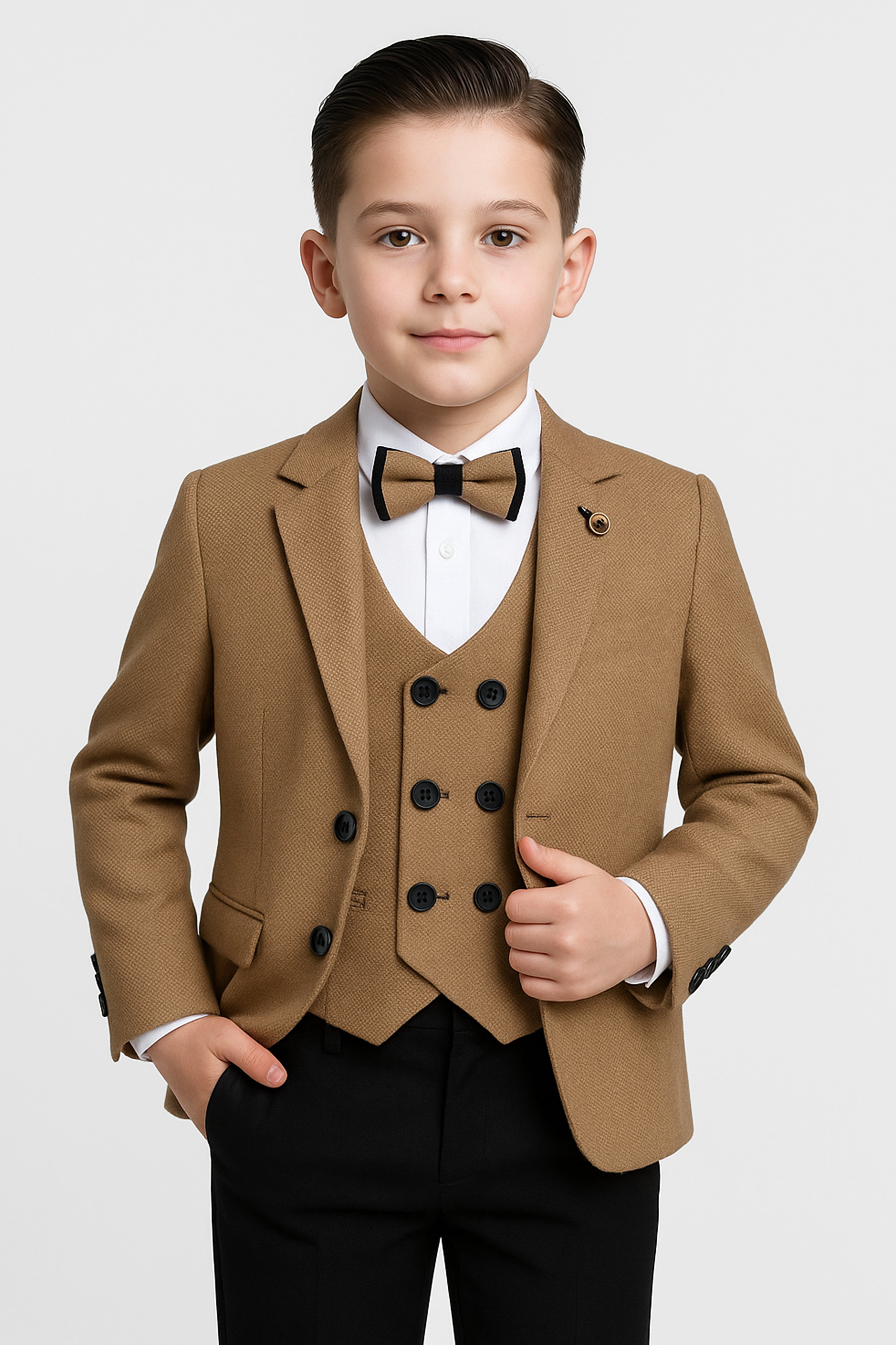 Boys’ Camel Brown 5-Piece Textured Suit - Zargos Front Picture