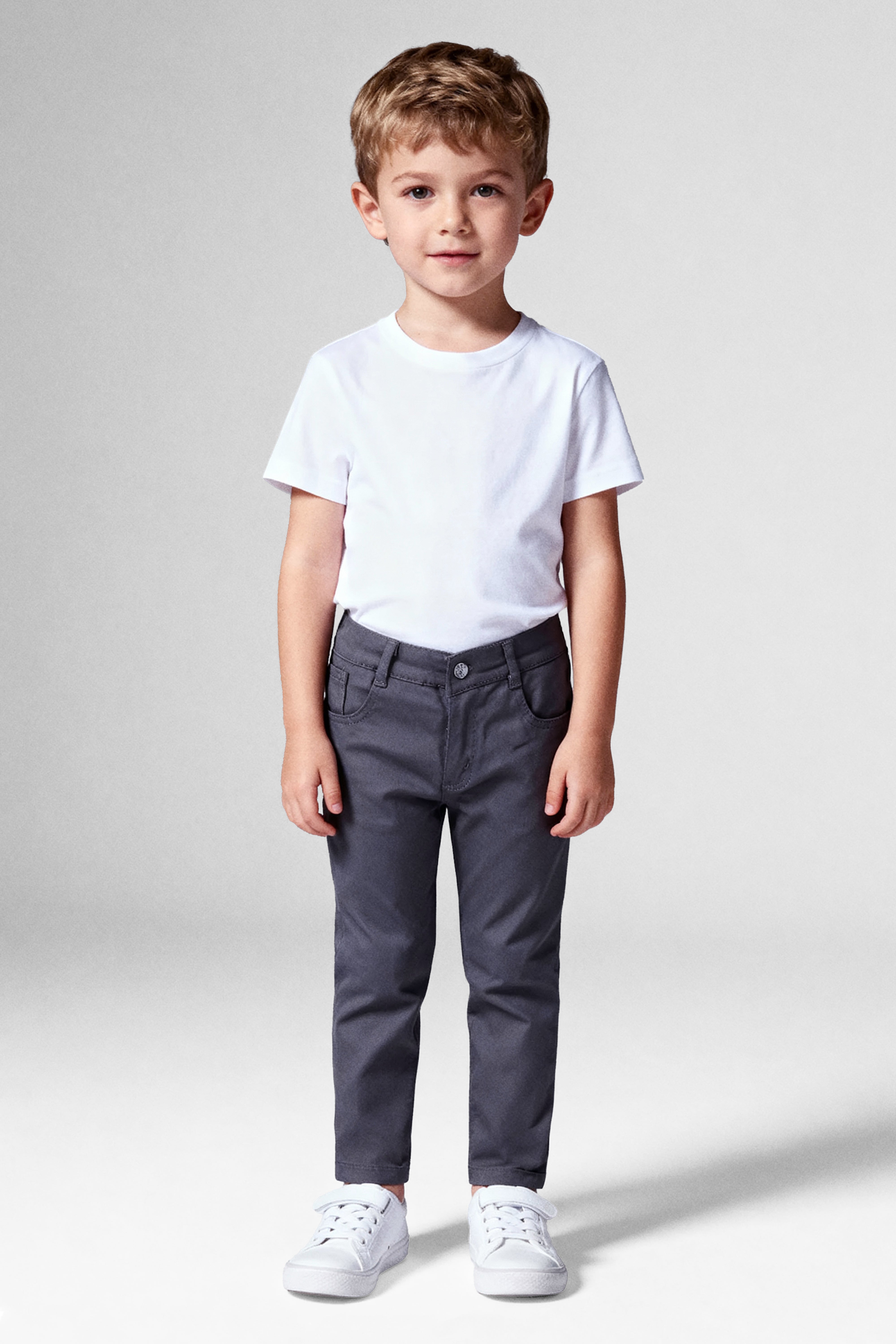 Boys Casual Stretch Chino Trousers - Charcoal Grey Model Picture
