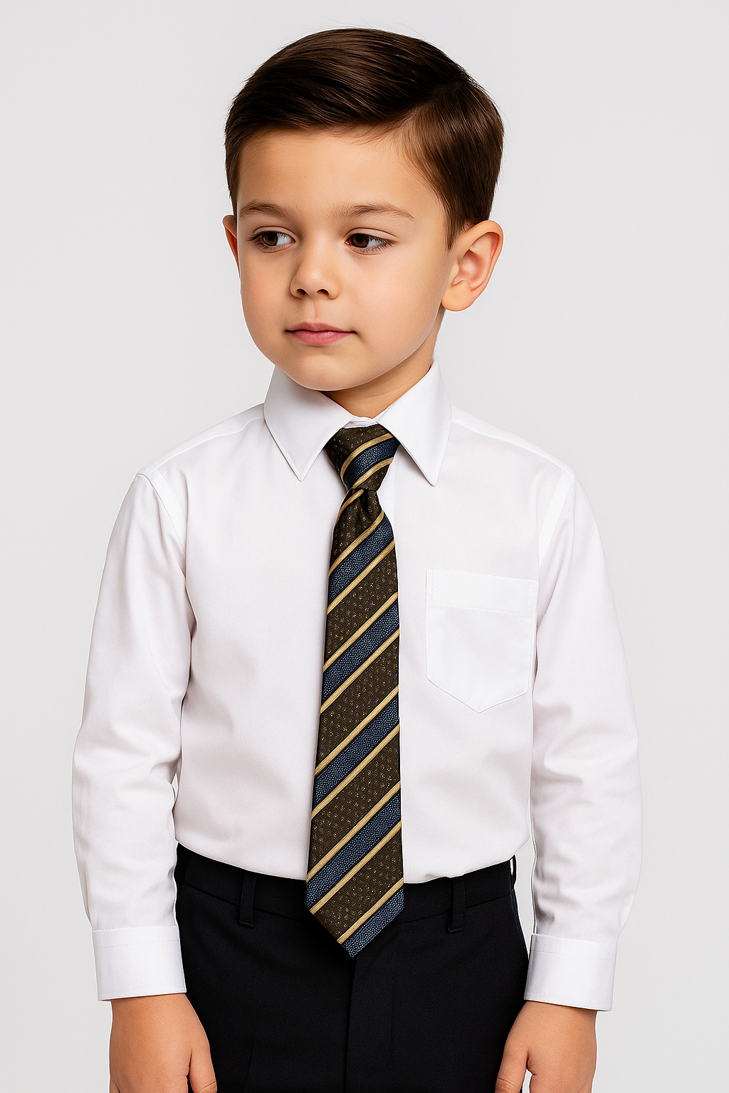 Boys Classic Collar White Shirt & Tie Set Blue - Brown Model Picture