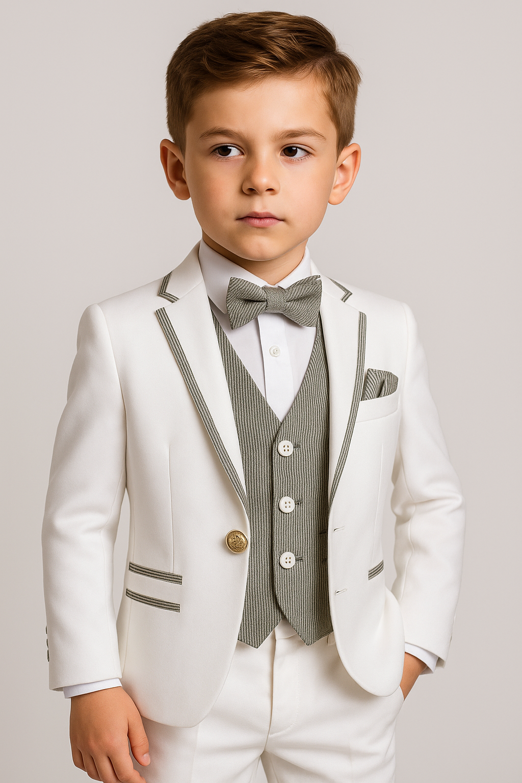 Jungen Kommunion Piping Slim Fit Anzug - Weiß