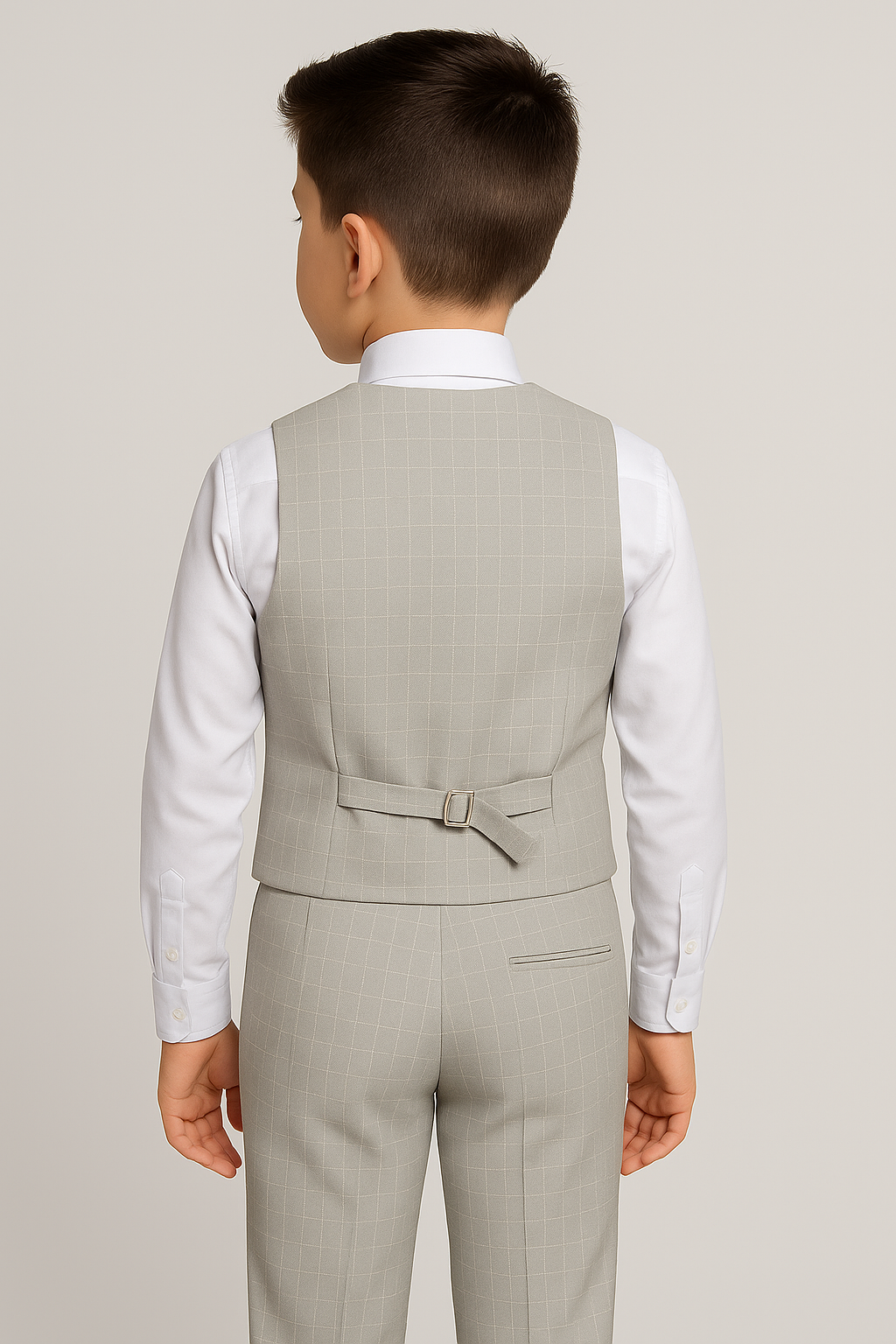 Boys Cotton 4-Piece Check Double Breasted Waistcoat Suit - Ekose- Light Grey Back Picture