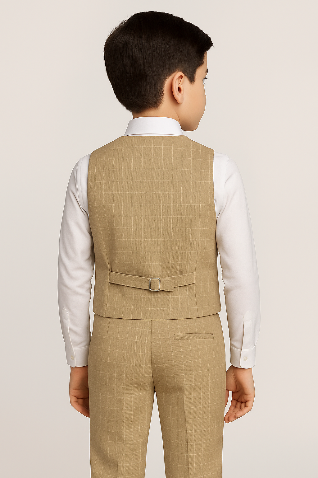 Boys Cotton 4-Piece Check Double Breasted Waistcoat Suit - Ekose - Mustard Back Picture
