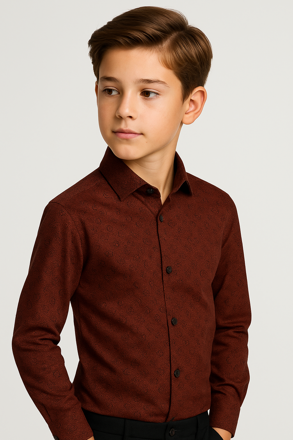 Boys’ Cotton Burgundy Floral Paisley Button Down Shirt Model Picture