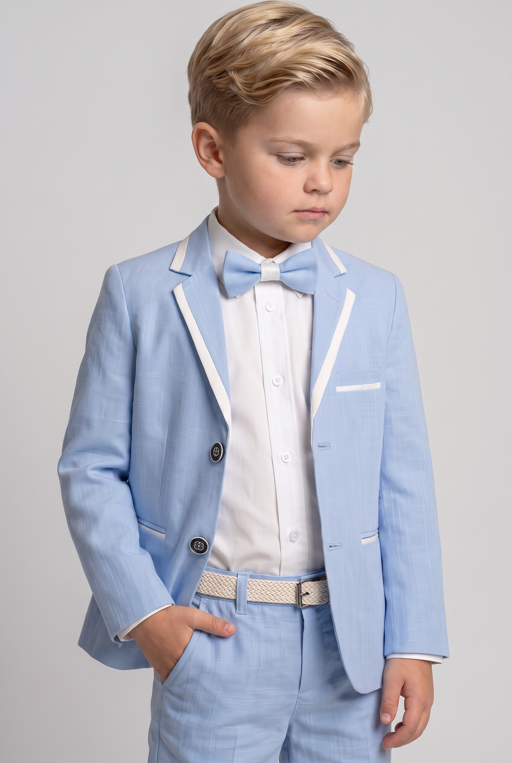 Boys Cotton Piping Sky Blue Shorts Suit - Blue Model Picture