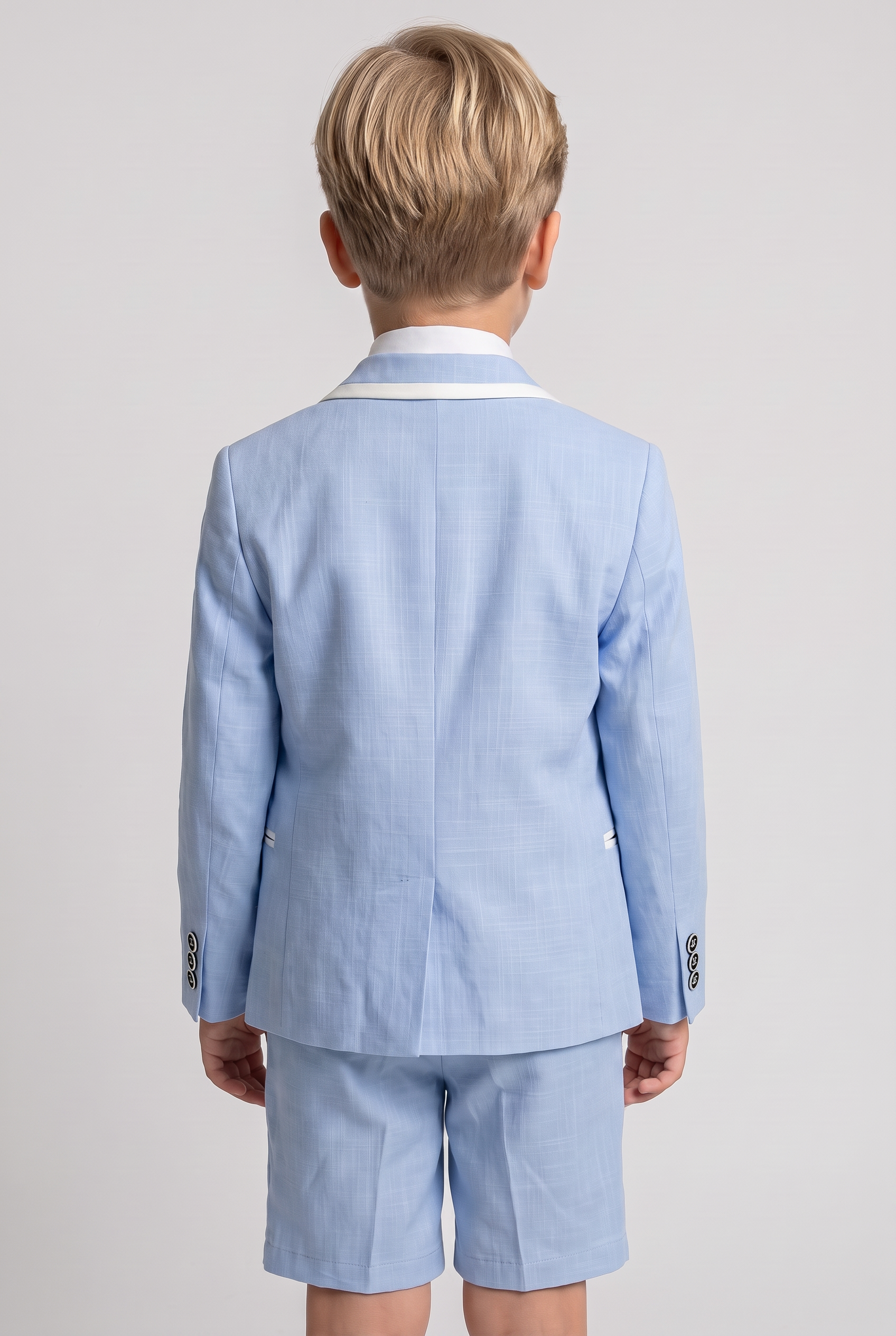 Boys Cotton Piping Sky Blue Shorts Suit - Blue Model Back Picture