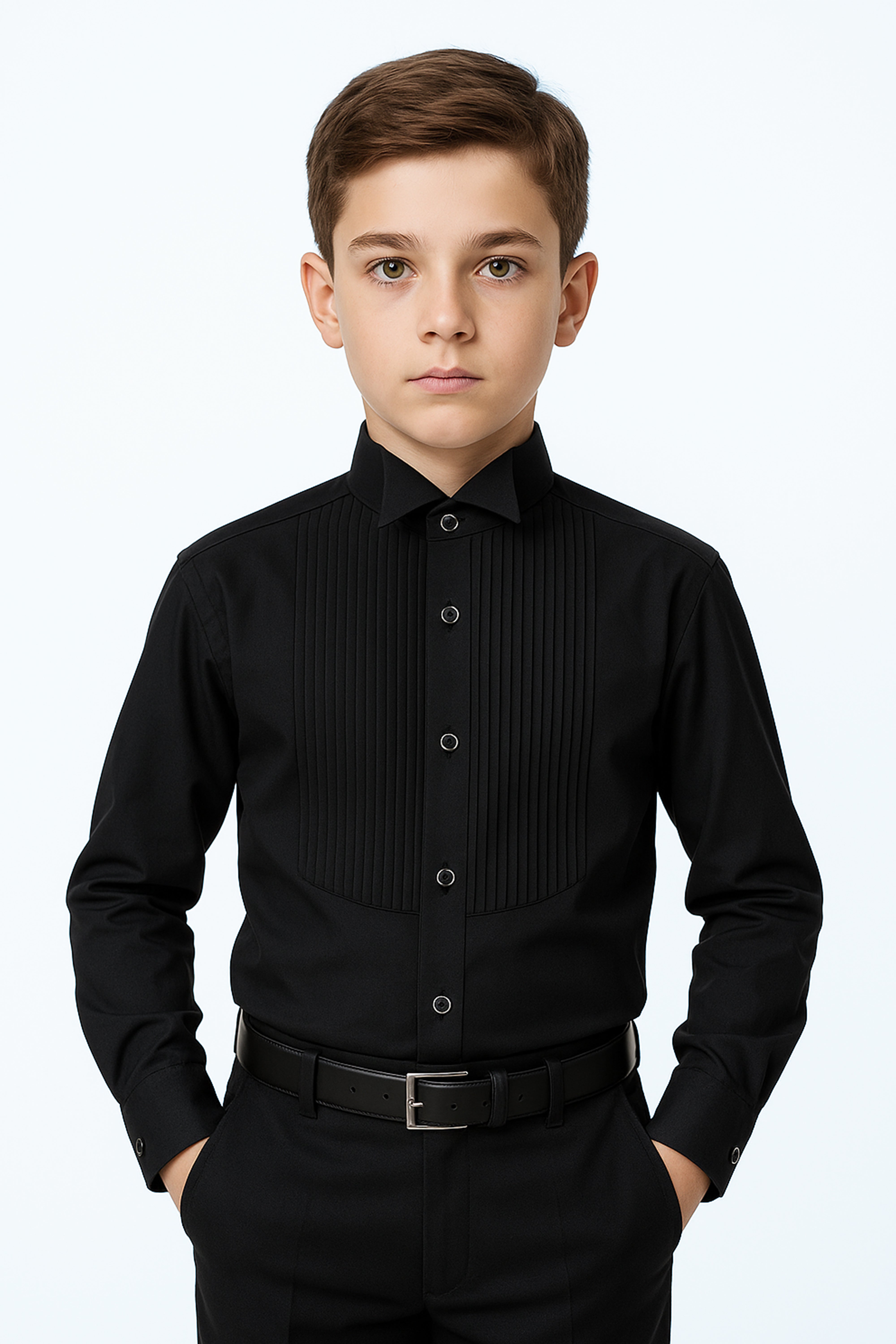 Boys’ Cotton Pleated Dress Shirt with Cufflinks - Black Front Picture