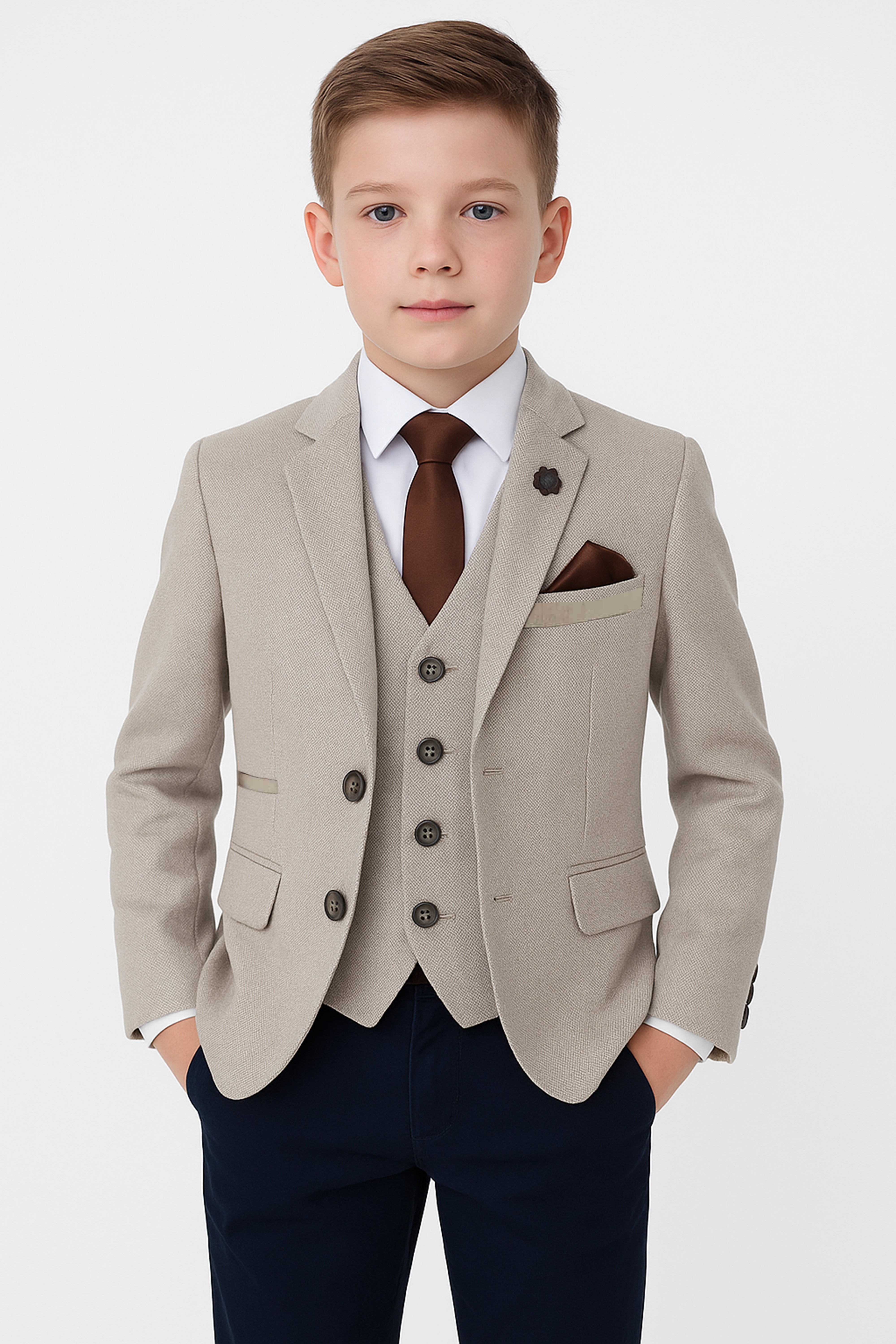 Boys Cotton Slim Fit Blazer and Waistcoat Set - Frank - Beige Model Picture