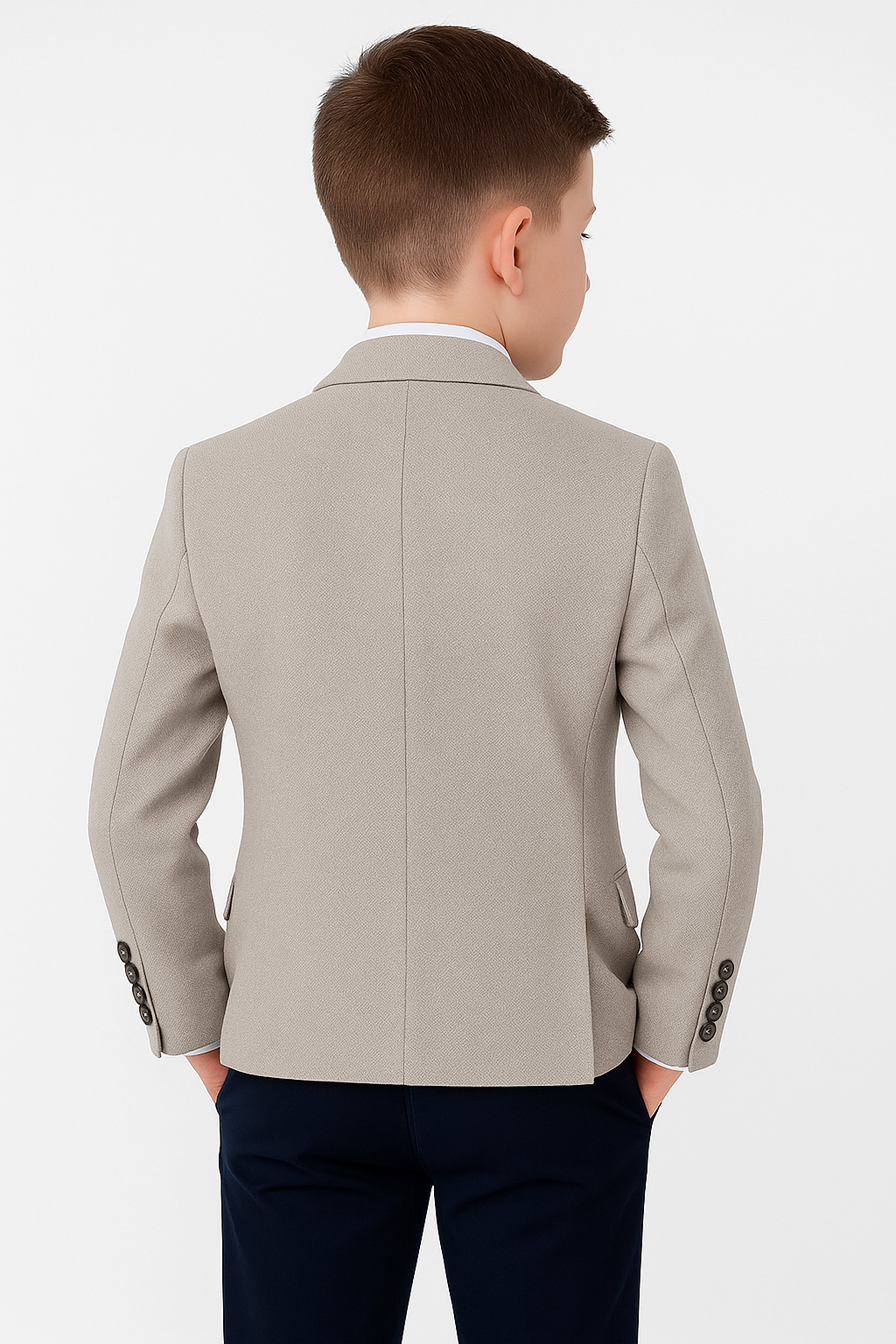 Boys Cotton Slim Fit Blazer and Waistcoat Set - Frank - Beige Back Picture