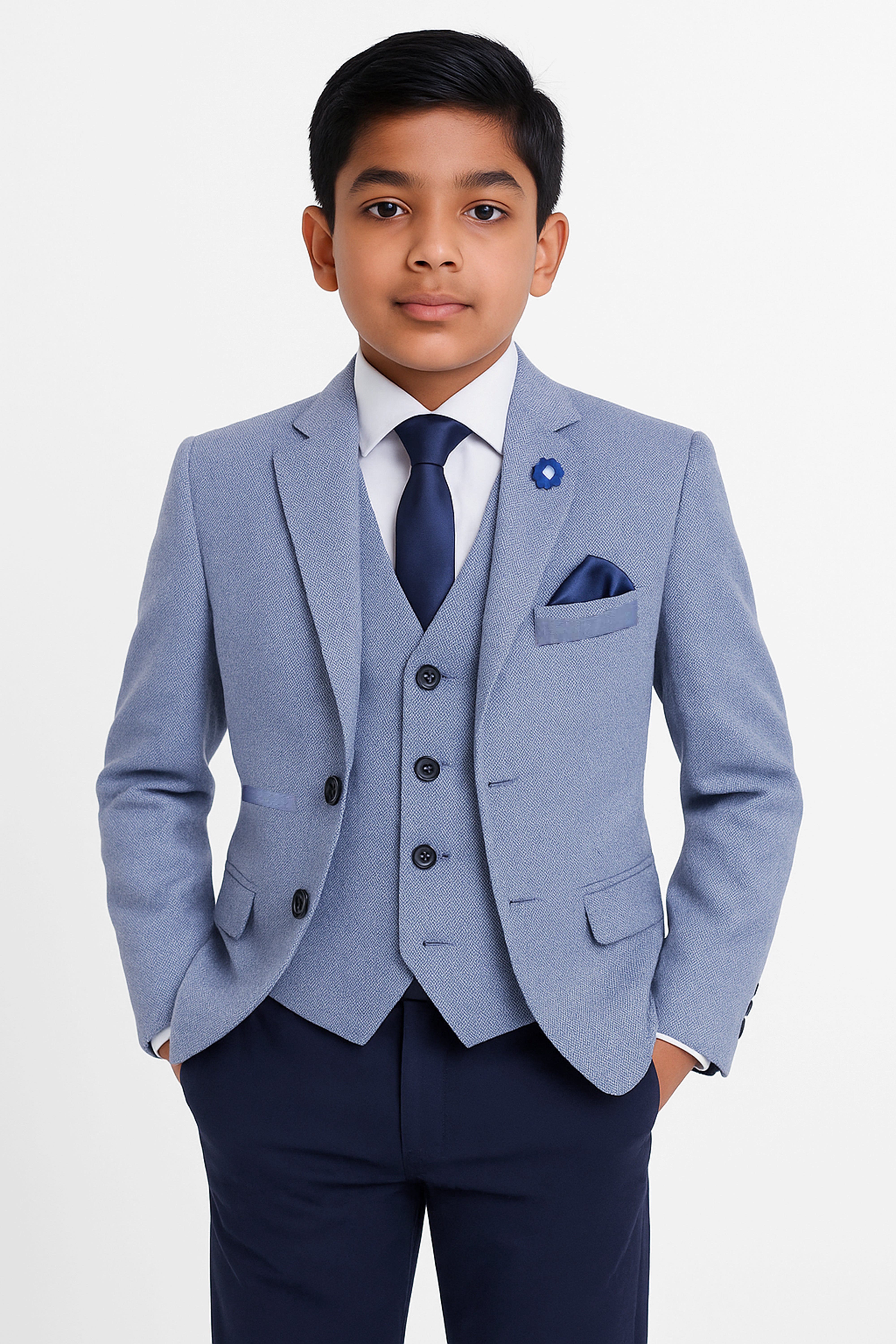 Boys Cotton Slim Fit Blazer and Waistcoat Set - Frank - Blue Model Picture