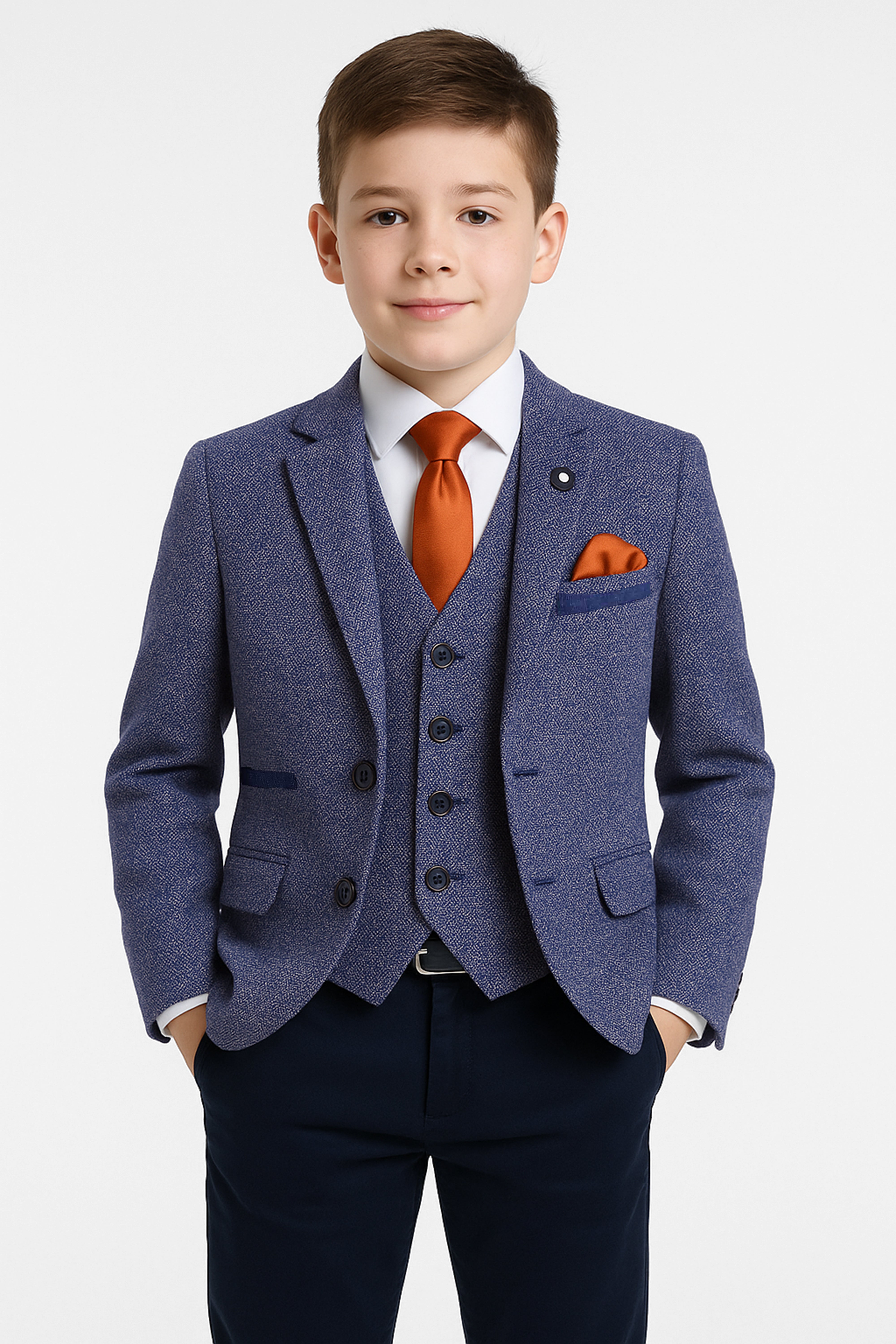 Boys Cotton Slim Fit Blazer and Waistcoat Set - Frank - Dark Blue Model Picture