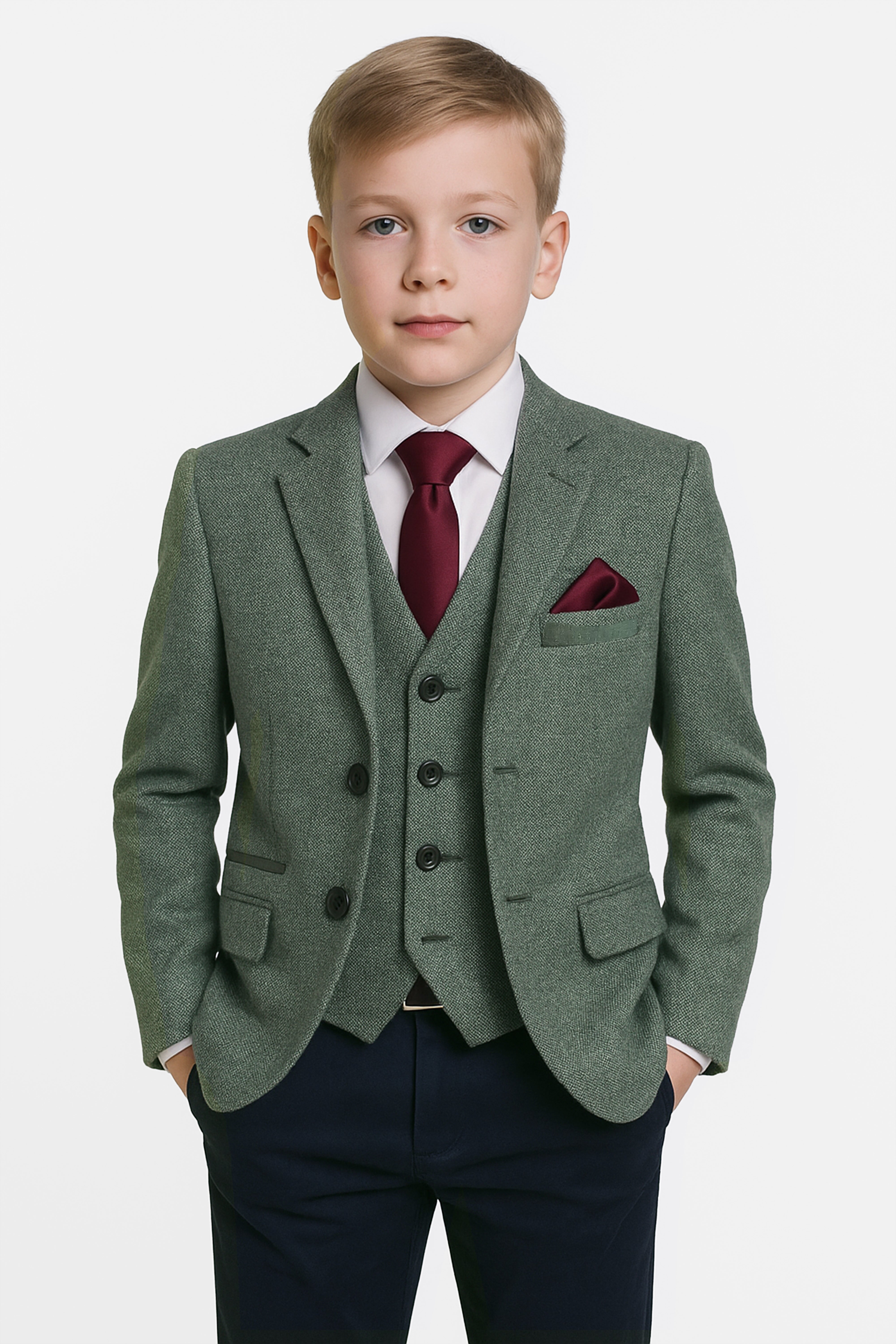 Boys Cotton Slim Fit Blazer and Waistcoat Set - Frank - Green