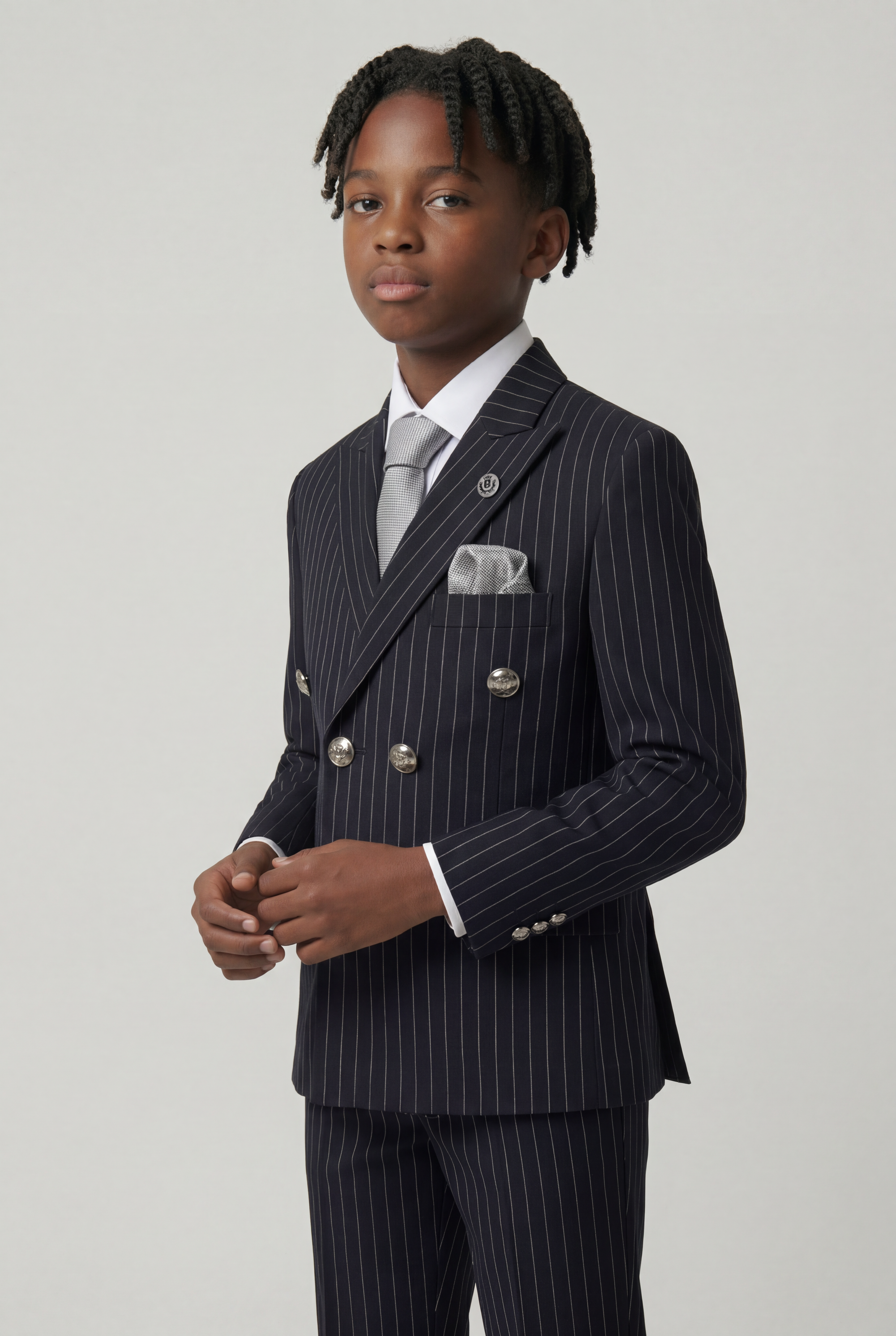 Costume garçon à rayures fines croisé - Ensemble 3 pièces & 6 pièces - Noir