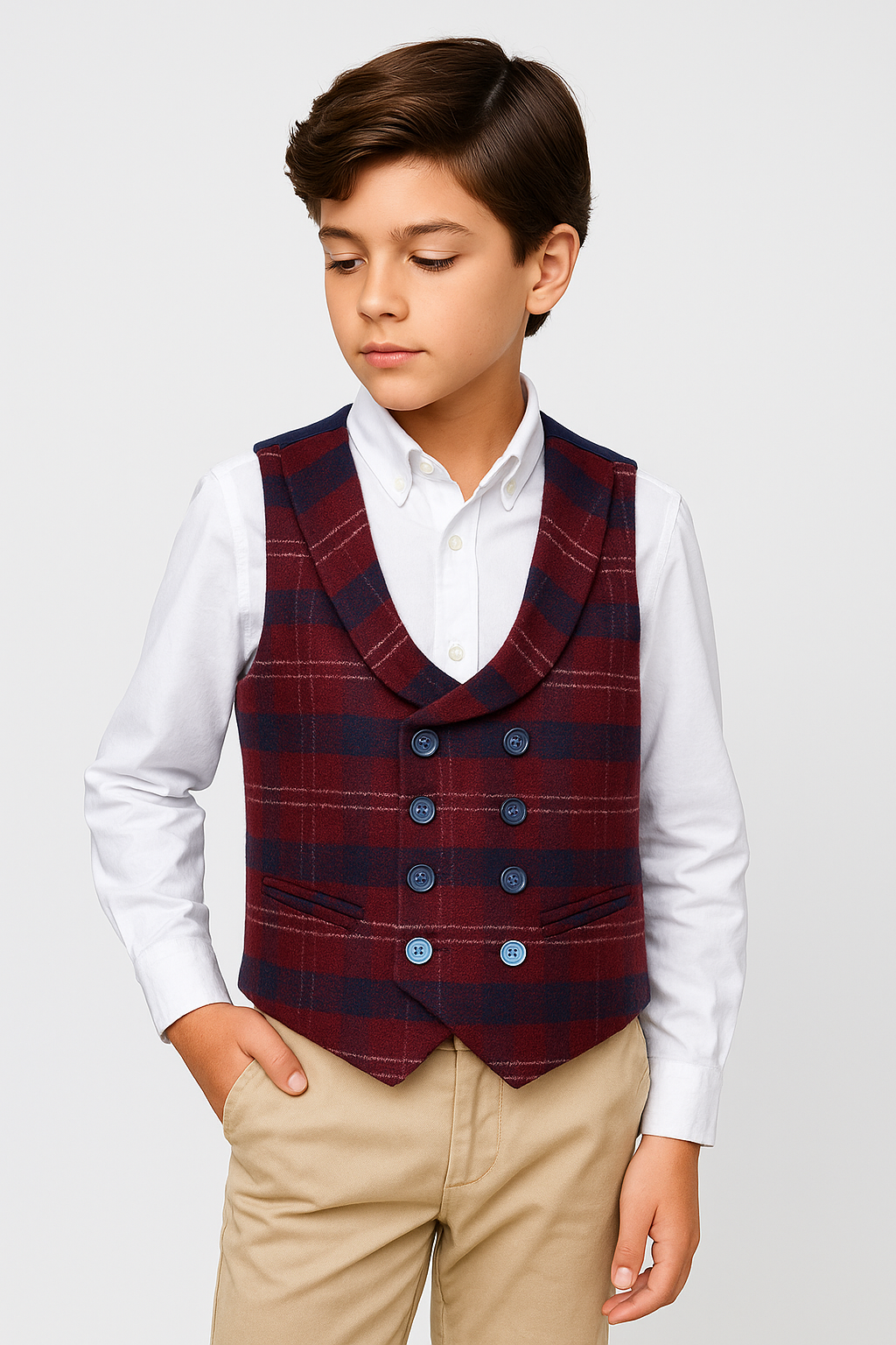 Boys’ Double Breasted Check Tweed Waistcoat - Burgundy
