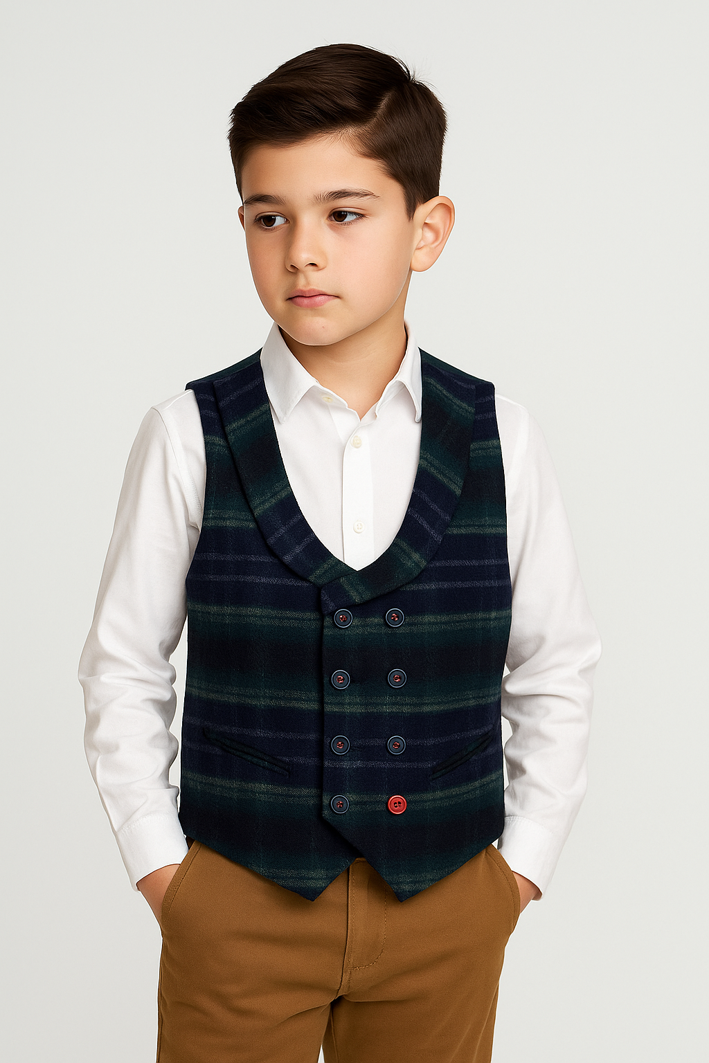 Boys’ Double Breasted Check Tweed Waistcoat - Green Model Picture
