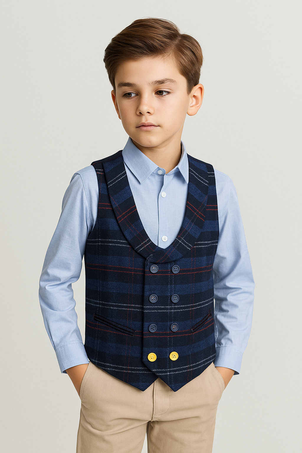 Boys’ Double Breasted Check Tweed Waistcoat - Navy Model Picture