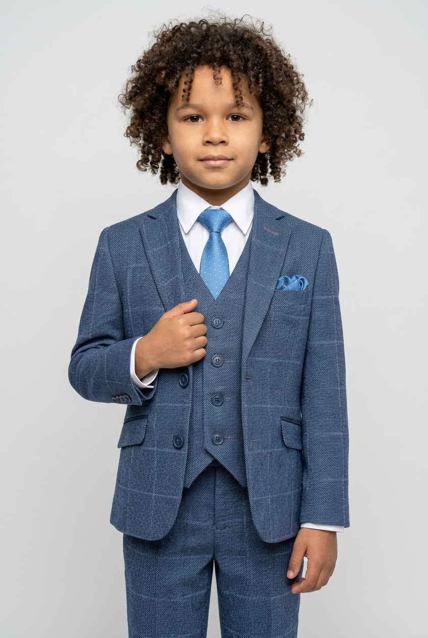 Jungen Exklusiver Karo Tweed Blauer Anzug - Blau