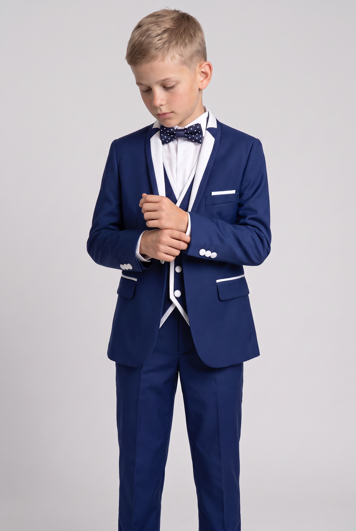 Costume de smoking exclusif pour garçon avec passepoil - Bleu foncé - Blanc